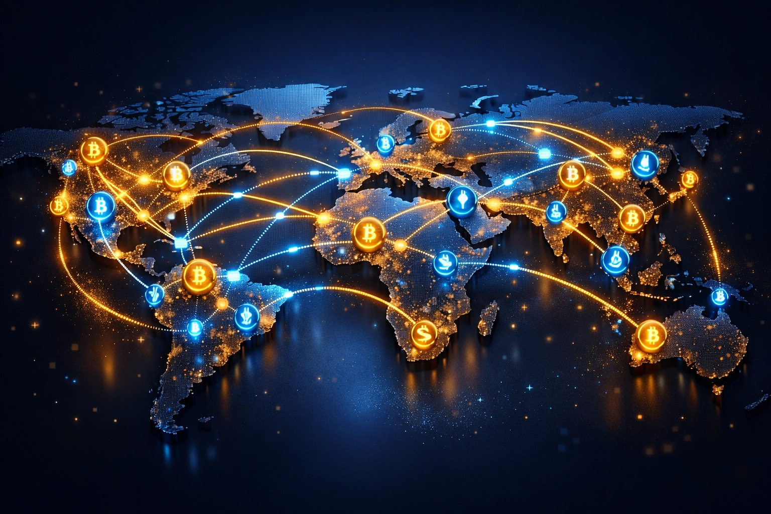 Global Web3 payment network map showing instant cross-border merchant transactions