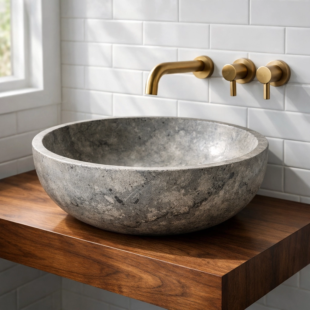 Handcrafted concrete vessel sink on walnut vanity in modern luxury bathroom