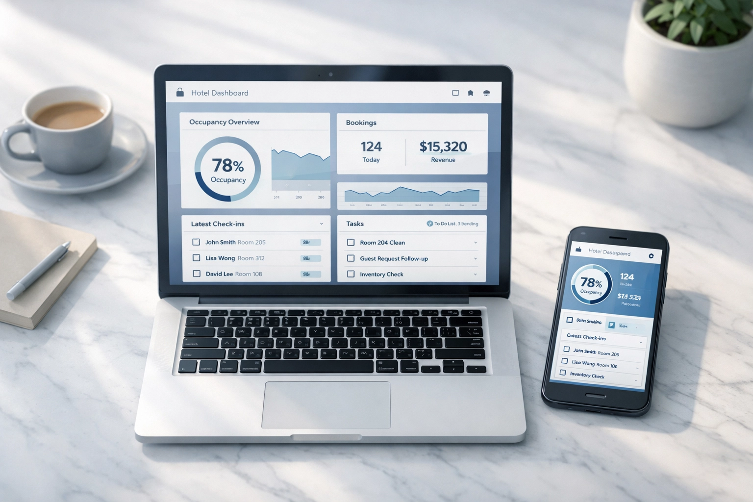 Hotel management dashboard on laptop and smartphone showing automation features