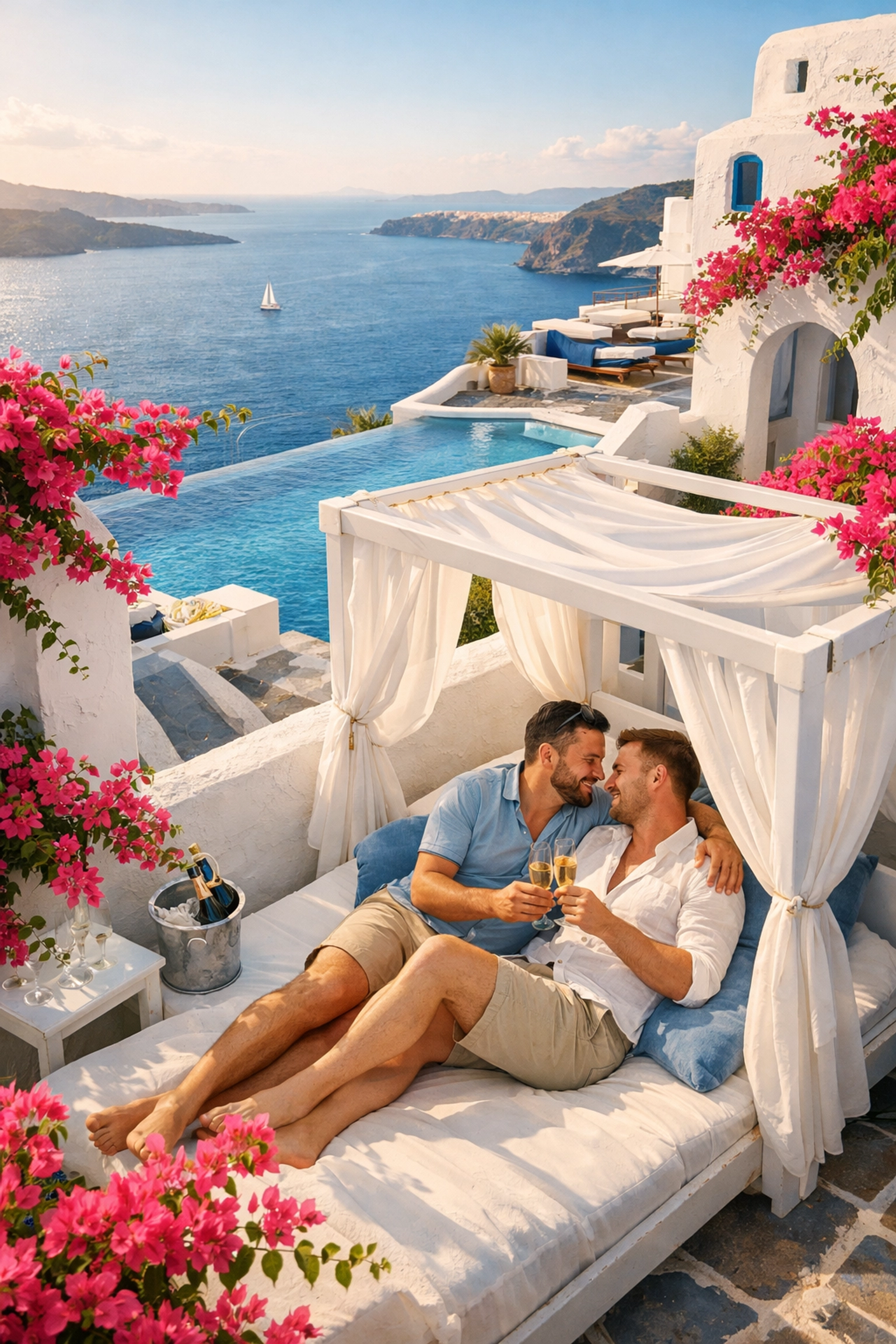 Gay couple relaxing at Mediterranean LGBTQ resort terrace overlooking Aegean Sea