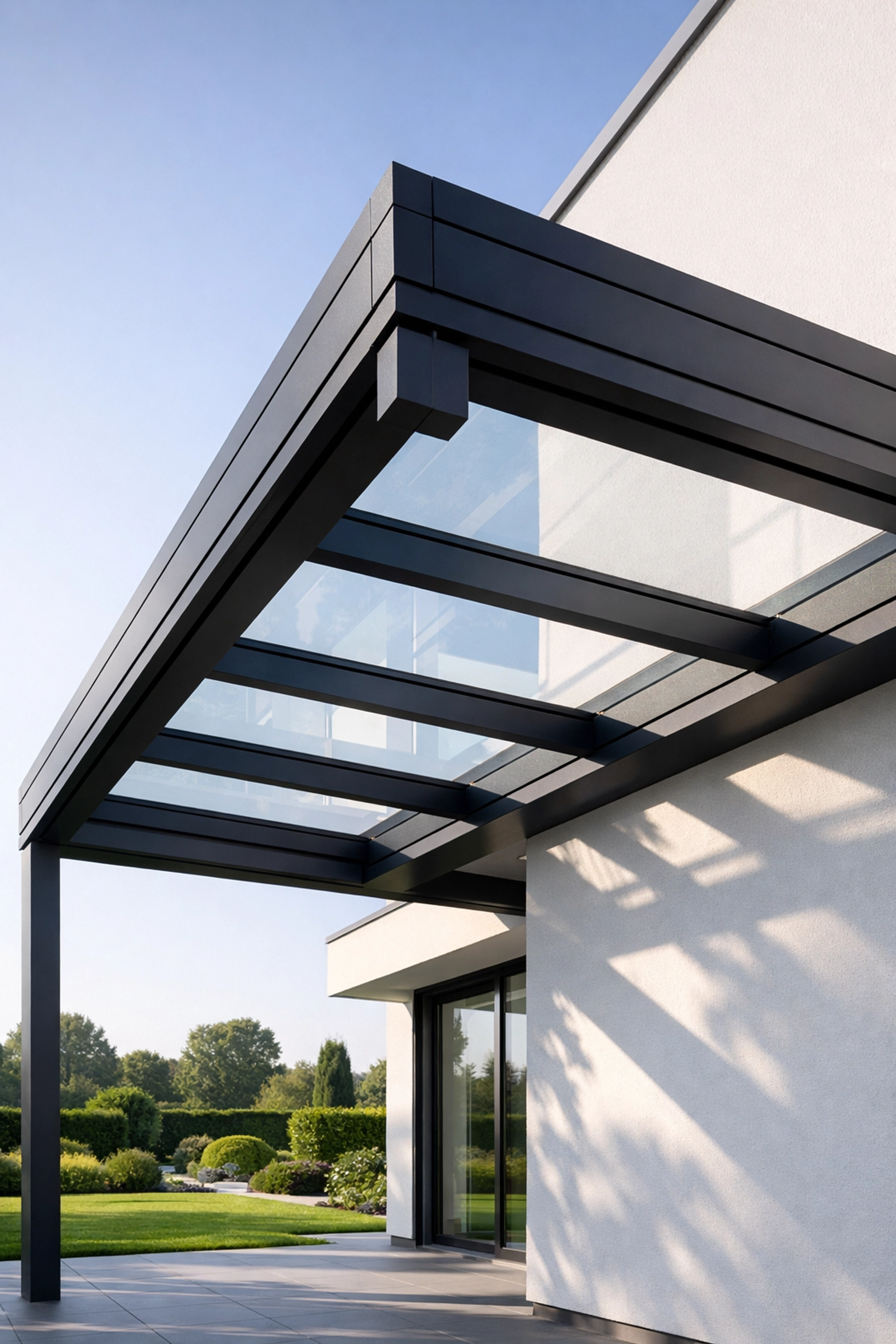 Moderne Terrassenüberdachung nach Maß aus anthrazitfarbenem Aluminium mit Glasdach.