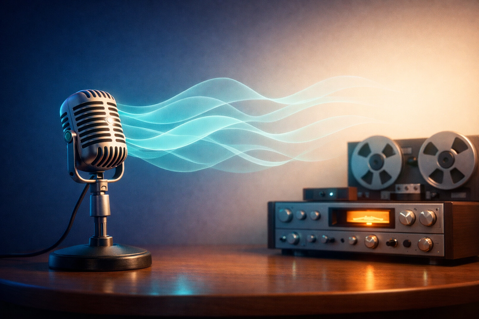 Vintage microphone with flowing sound waves representing voice legacy preservation