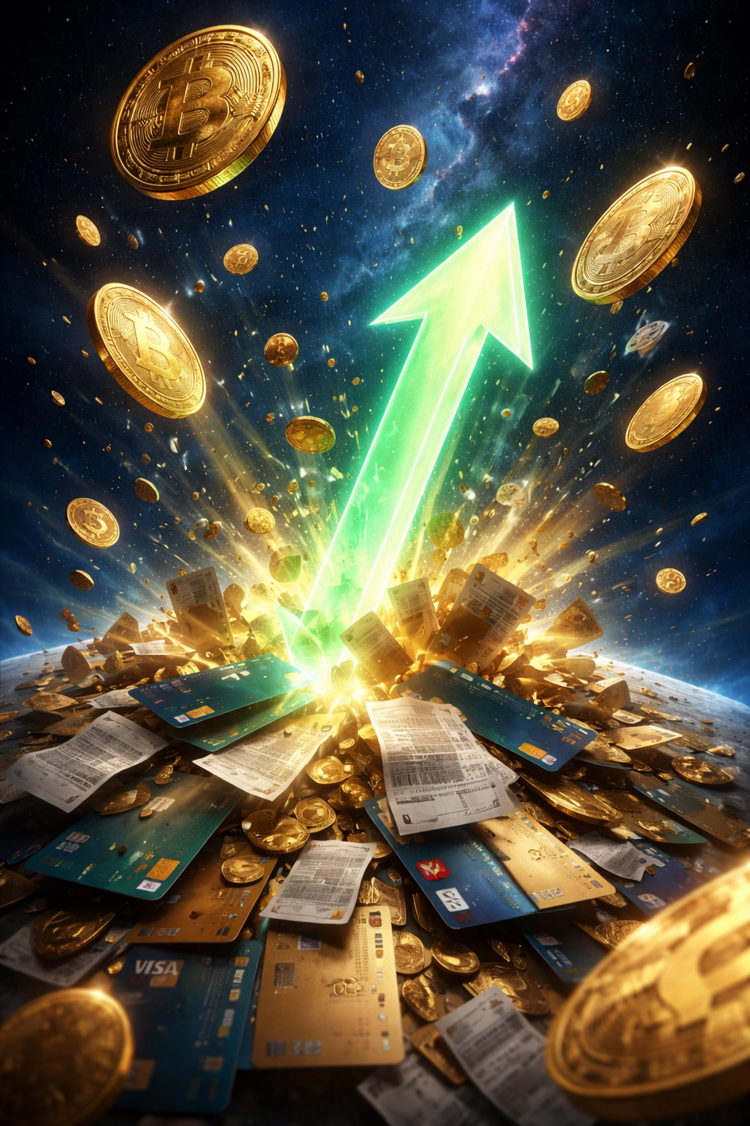 Golden cryptocurrency coins and a green arrow break through credit cards, highlighting Larecoin's low gas-only payment fees versus traditional interchange.