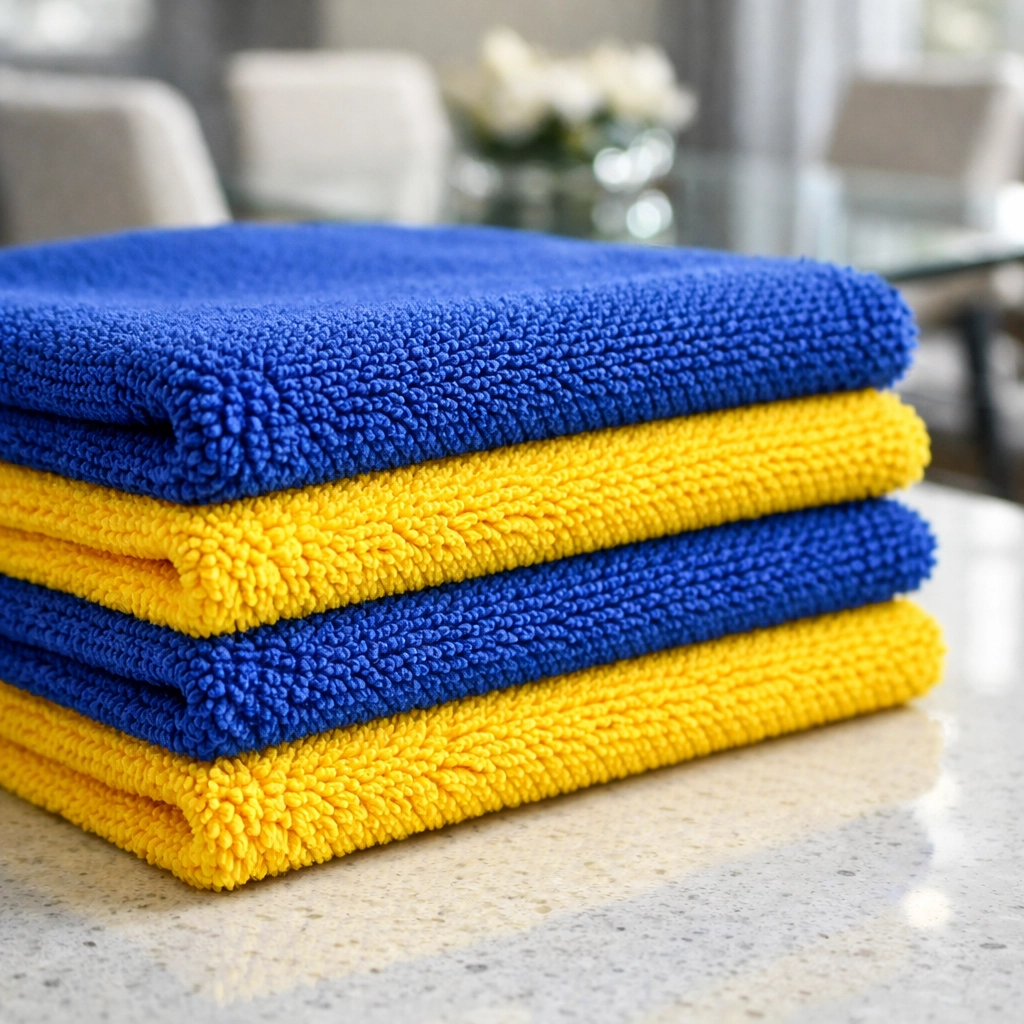 Premium microfiber cloths used by professional Needham house cleaning experts for a spotless finish.