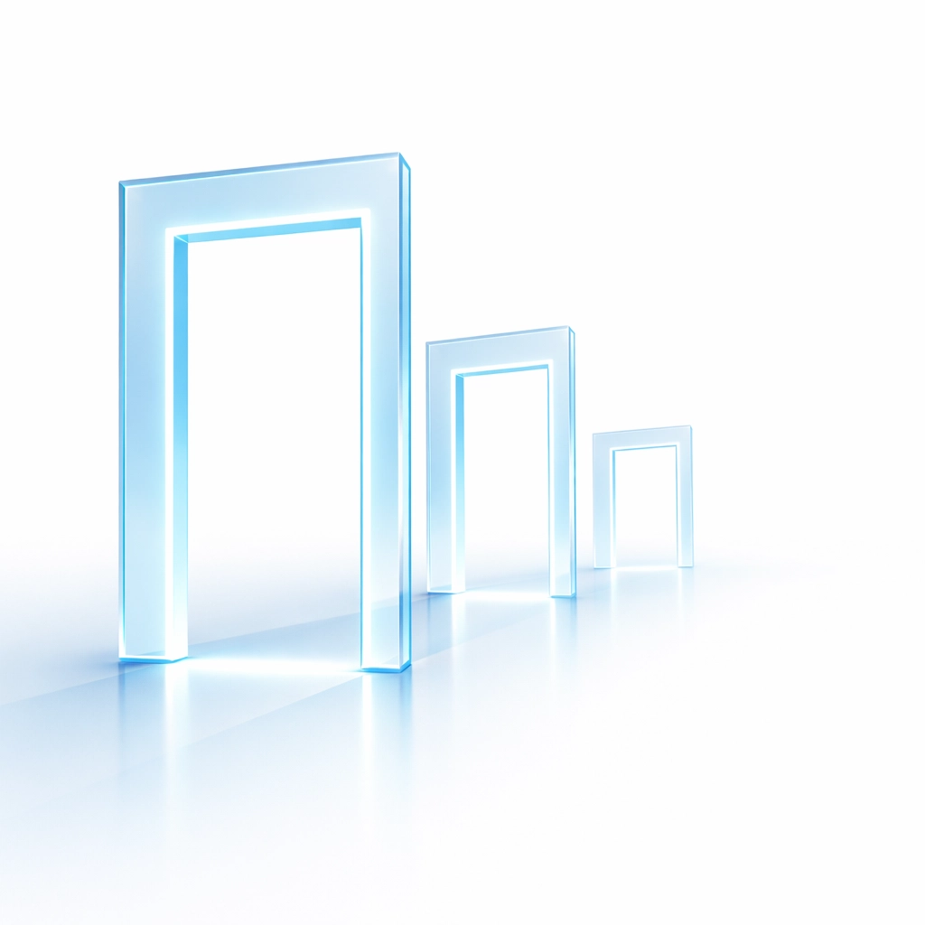 A strategic roadmap illustrated by digital portals showing the phases of AI transformation for business growth.