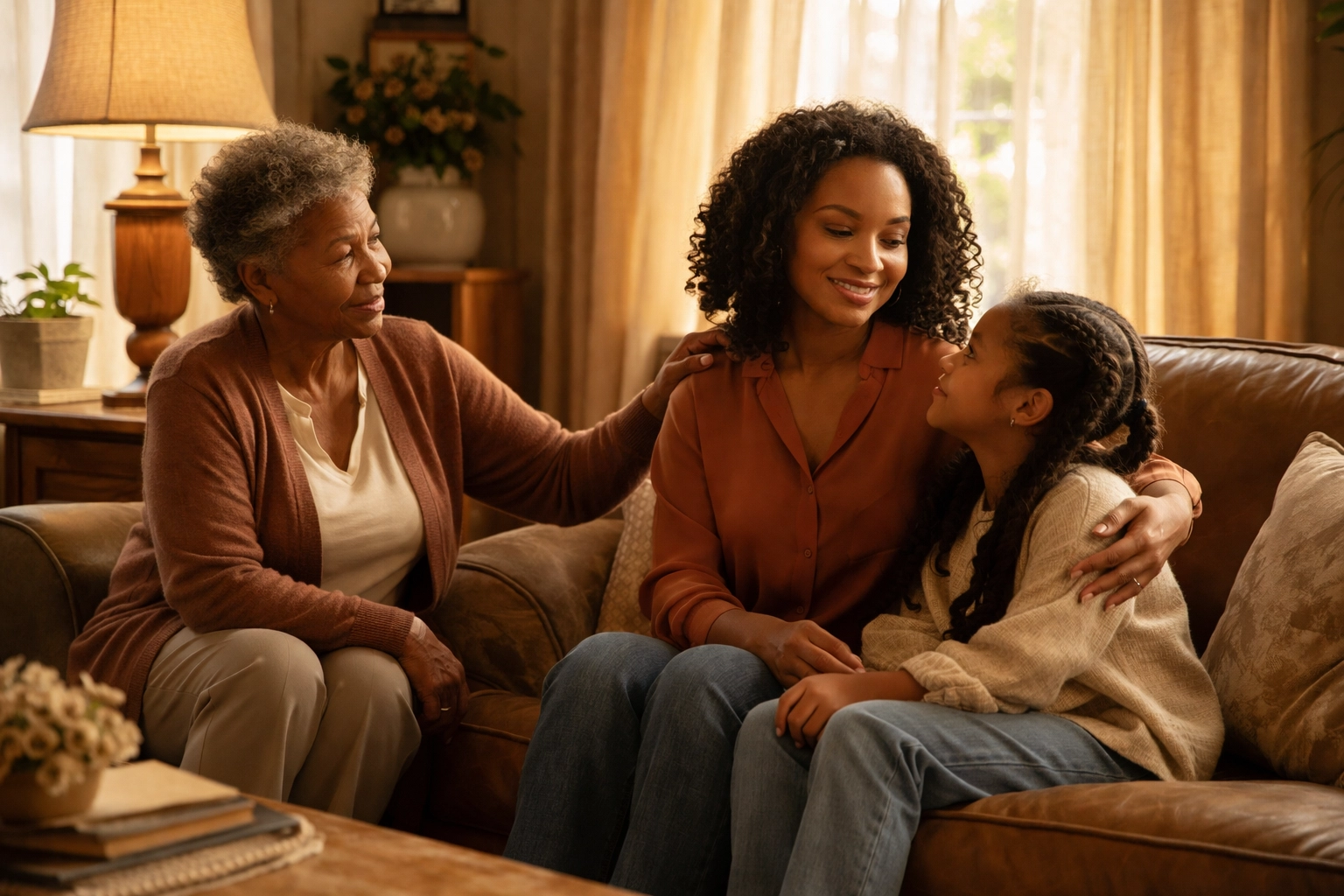 Black multigenerational family sharing a moment in a cozy Southern living room, symbolizing generational healing