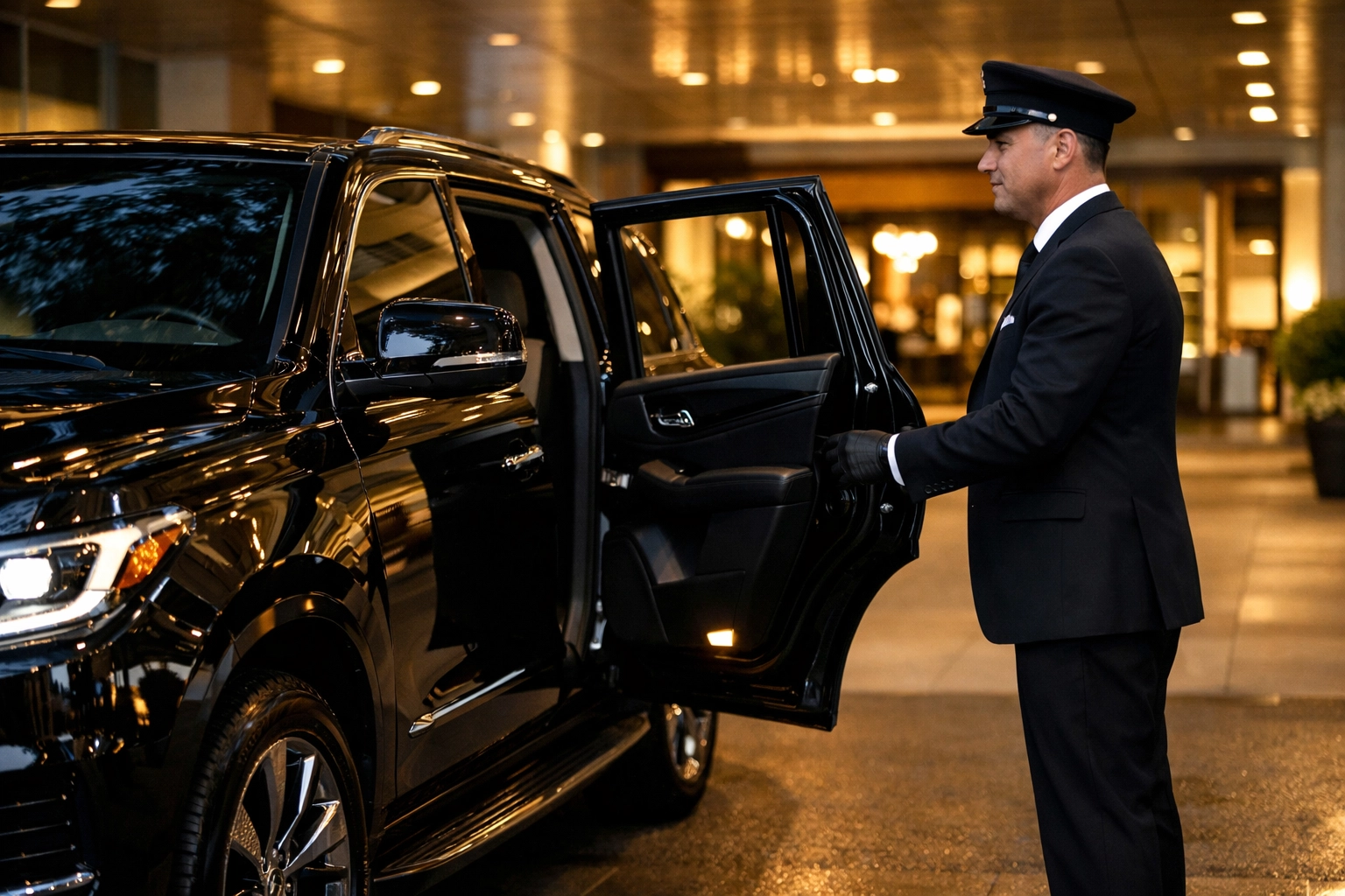 How to Integrate Super Bowl Luxury Logistics With Your Executive Branding Strategy Private chauffeur opening a luxury SUV door for a corporate executive at a five-star hotel.