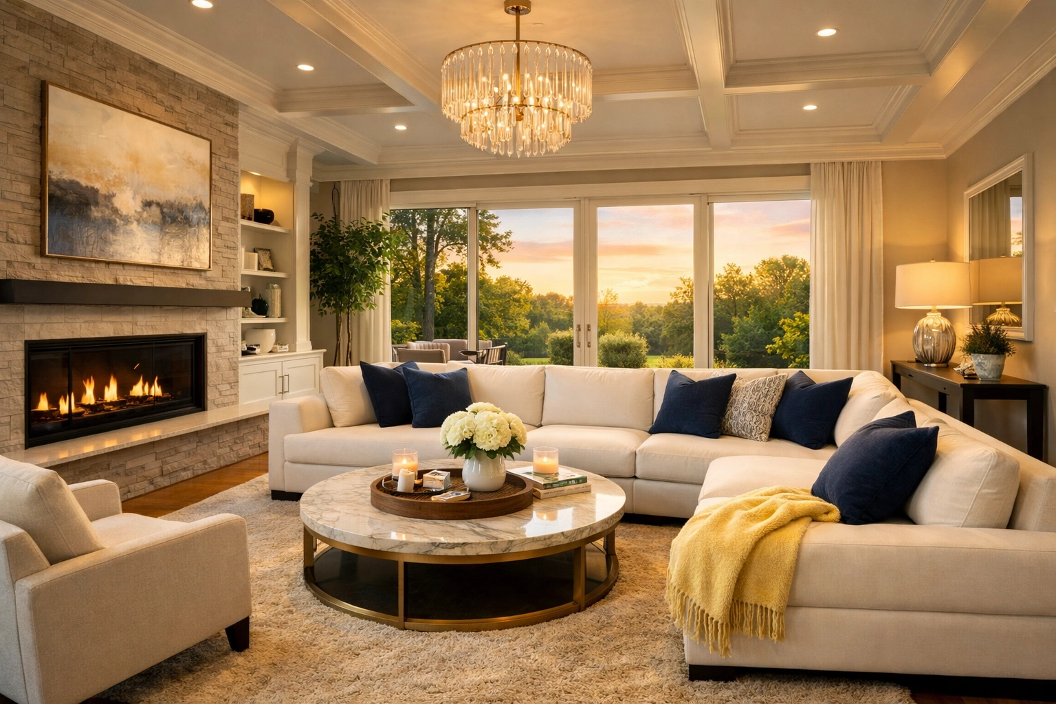 Immaculate luxury living room sanctuary maintained by a reliable house cleaning service in Lynnfield MA.