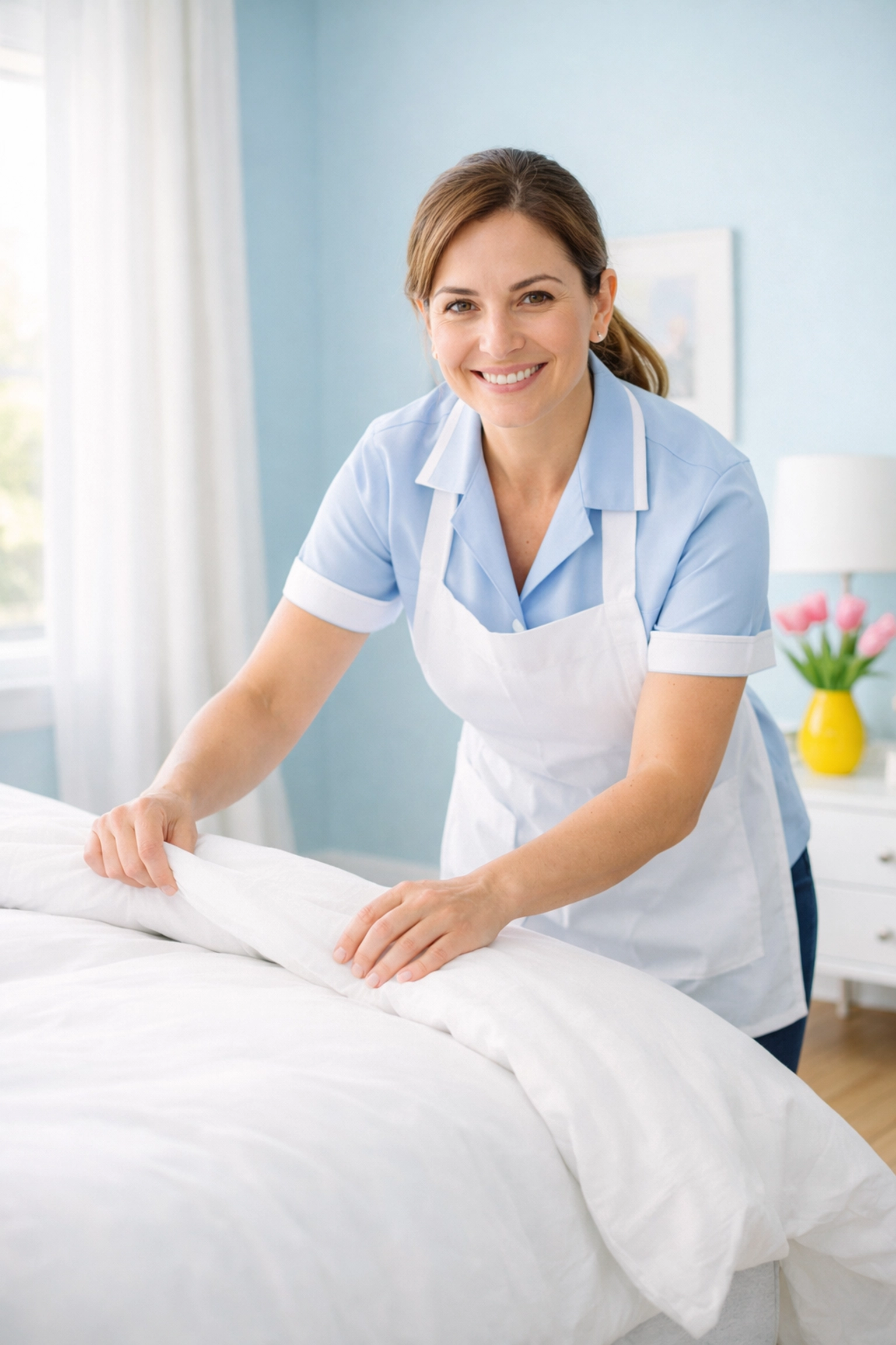 Professional cleaner from Clean Freak LLC carefully making a bed in a bright, sanitized bedroom.