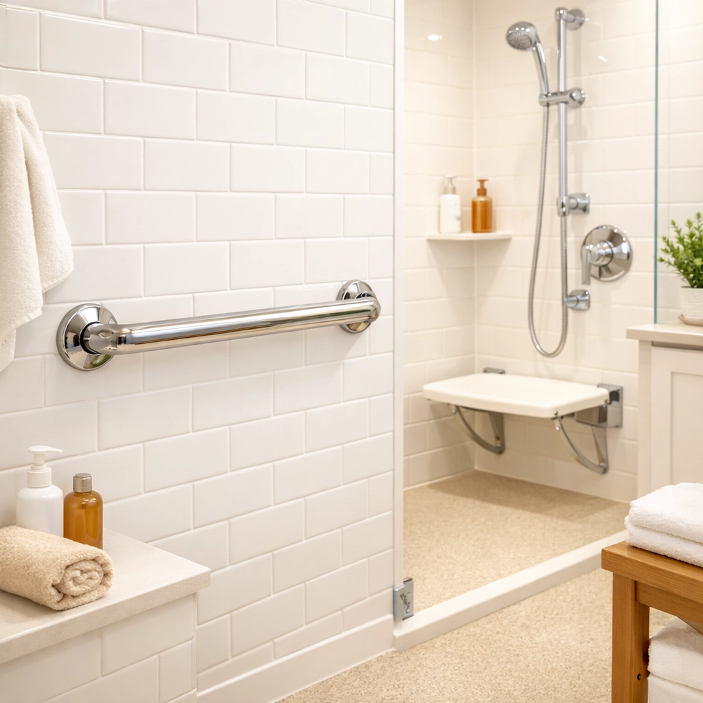 A secure chrome grab bar installed in a bright bathroom to help seniors prevent slips and falls.