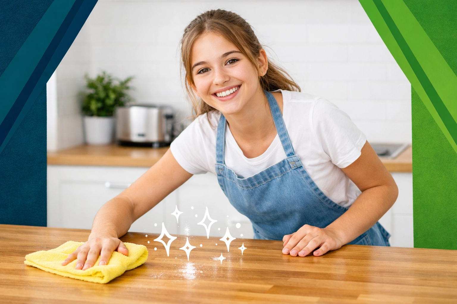Happy teenage girl cleaning a kitchen counter, practicing stewardship and daily household life skills.