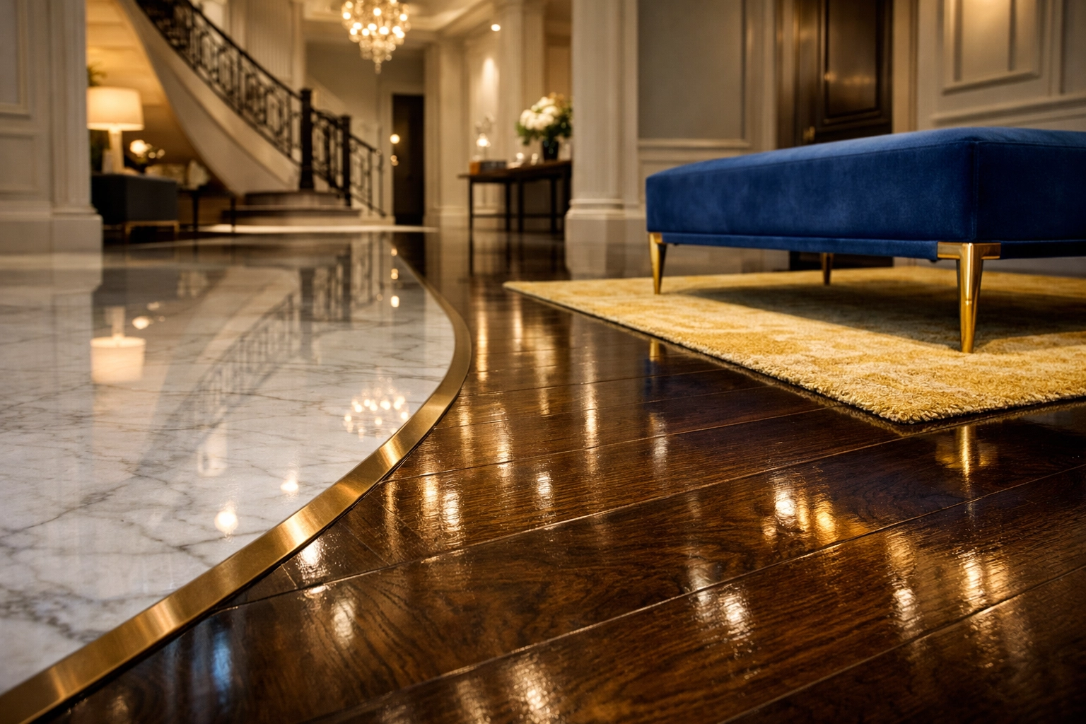 Polished marble and hardwood foyer floors showcasing expert residential cleaning Massachusetts for luxury surfaces.