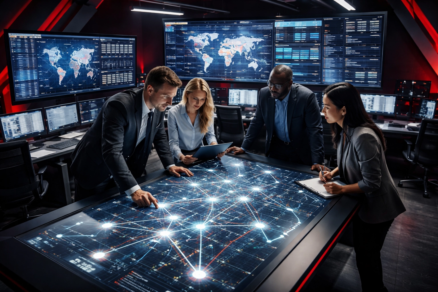 Logistics professionals collaborating in a control room, optimizing carrier network strategy for freight capacity challenges.