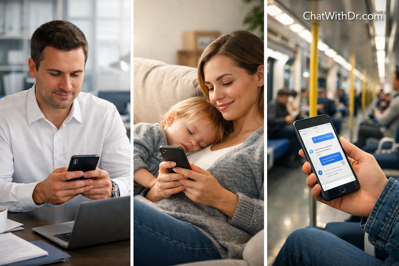 Patients using secure medical messaging to consult with an online doctor from their office, home, or commute.