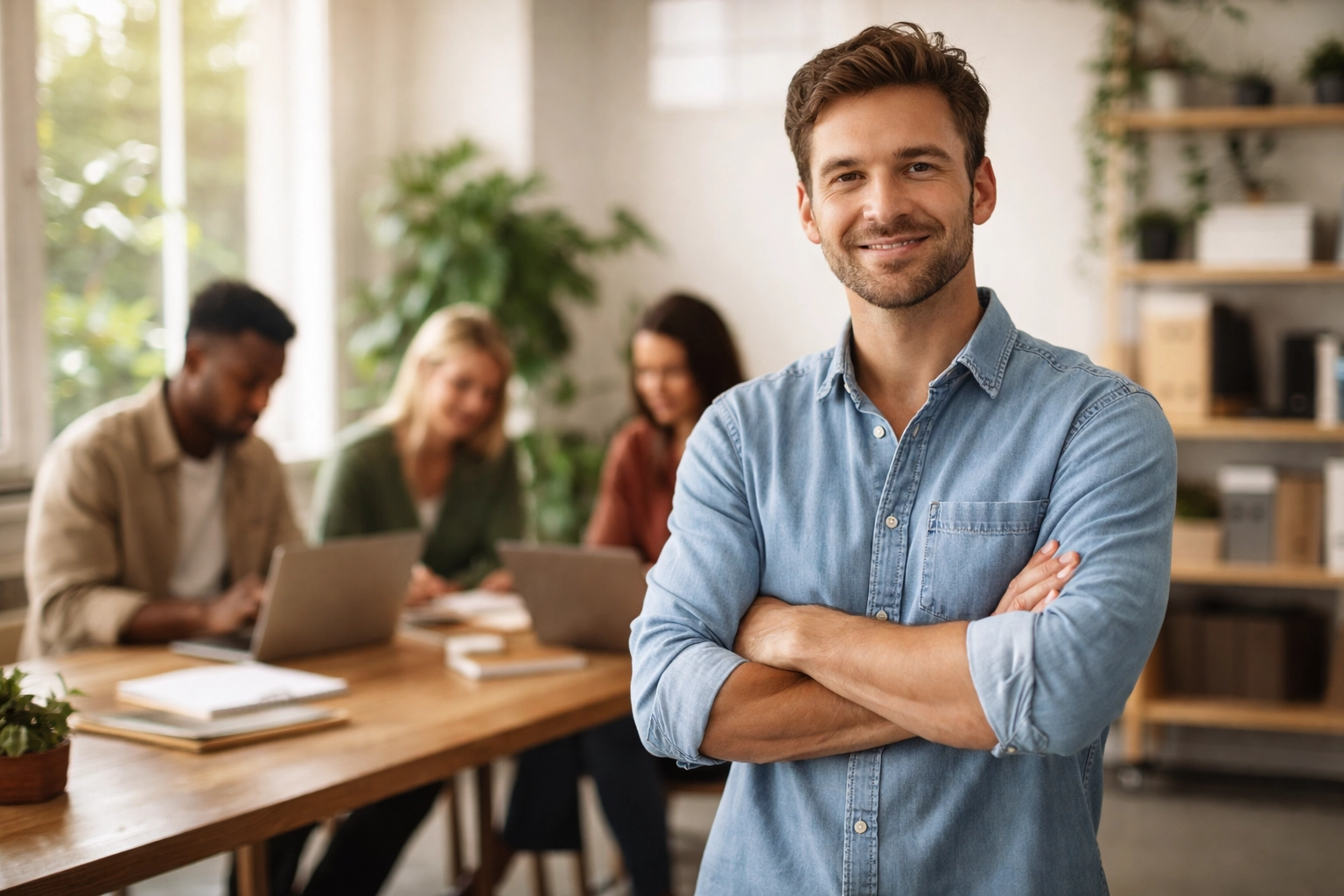 Small business owner confidently overseeing a team working independently to show effective delegation and scaling. Small business owner confidently overseeing a team working independently to show effective delegation and scaling.