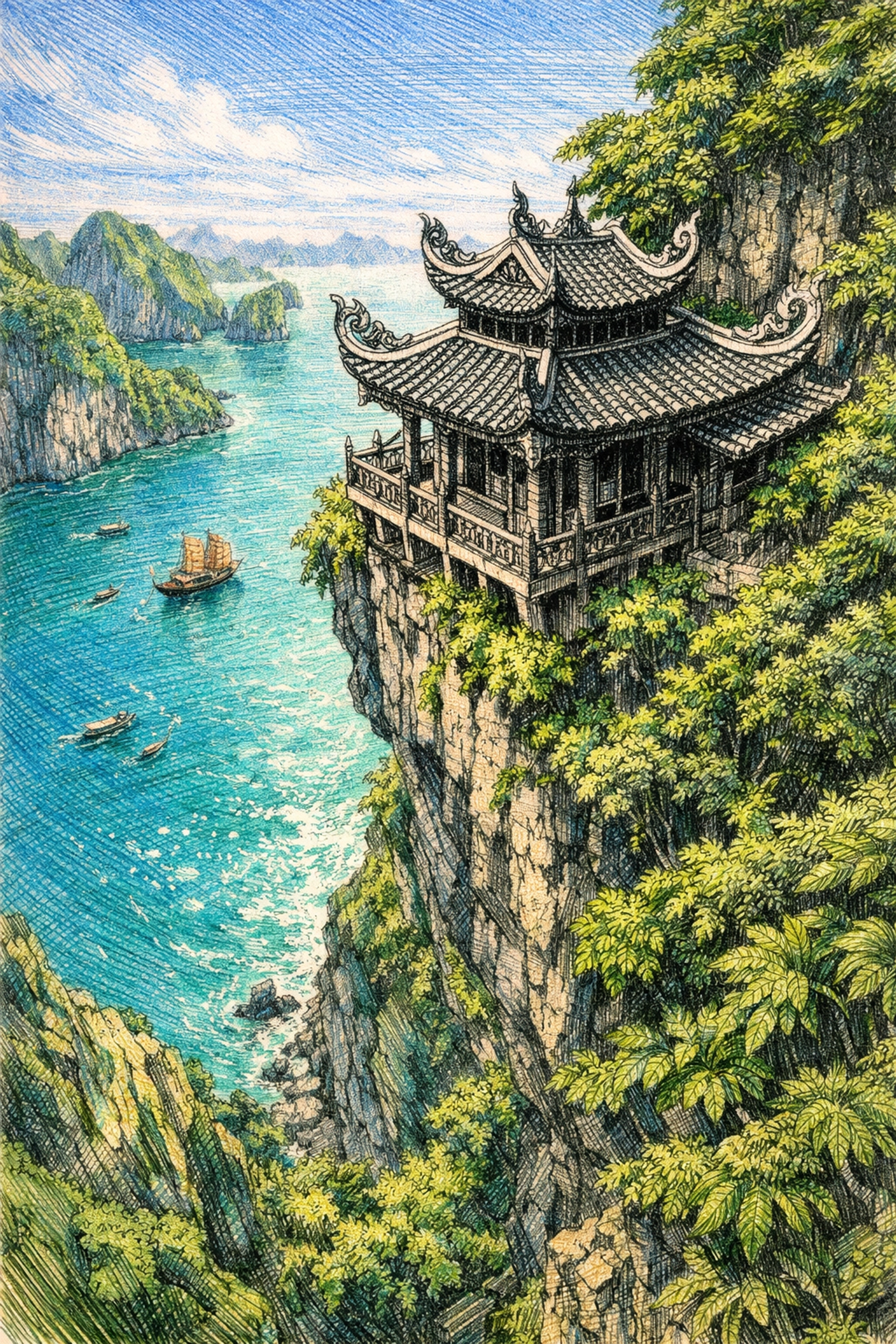 Luxury hospitality design featuring a Vietnamese pavilion on a jungle cliffside.