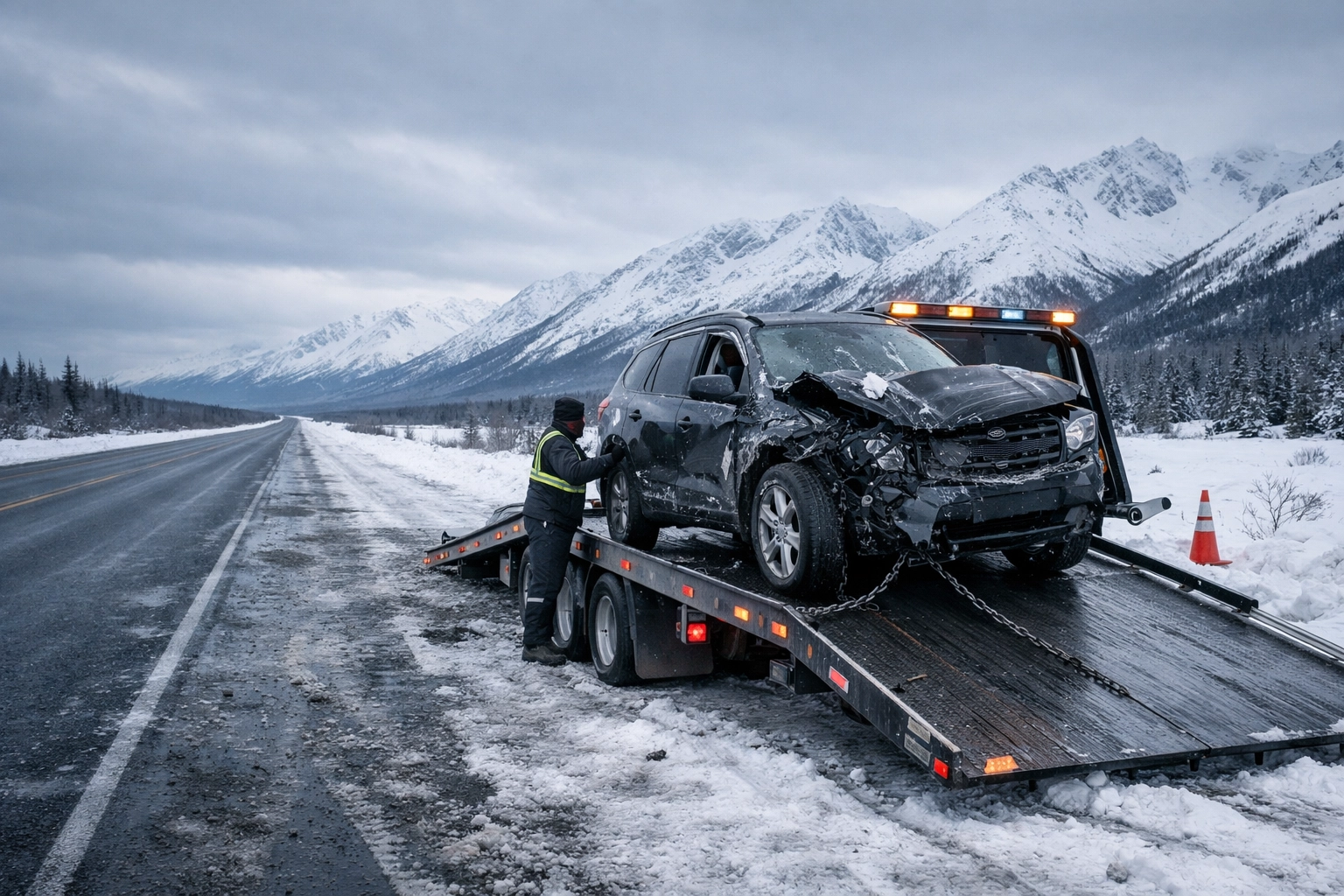 Damaged vehicle being towed on snowy Alaska highway after accident