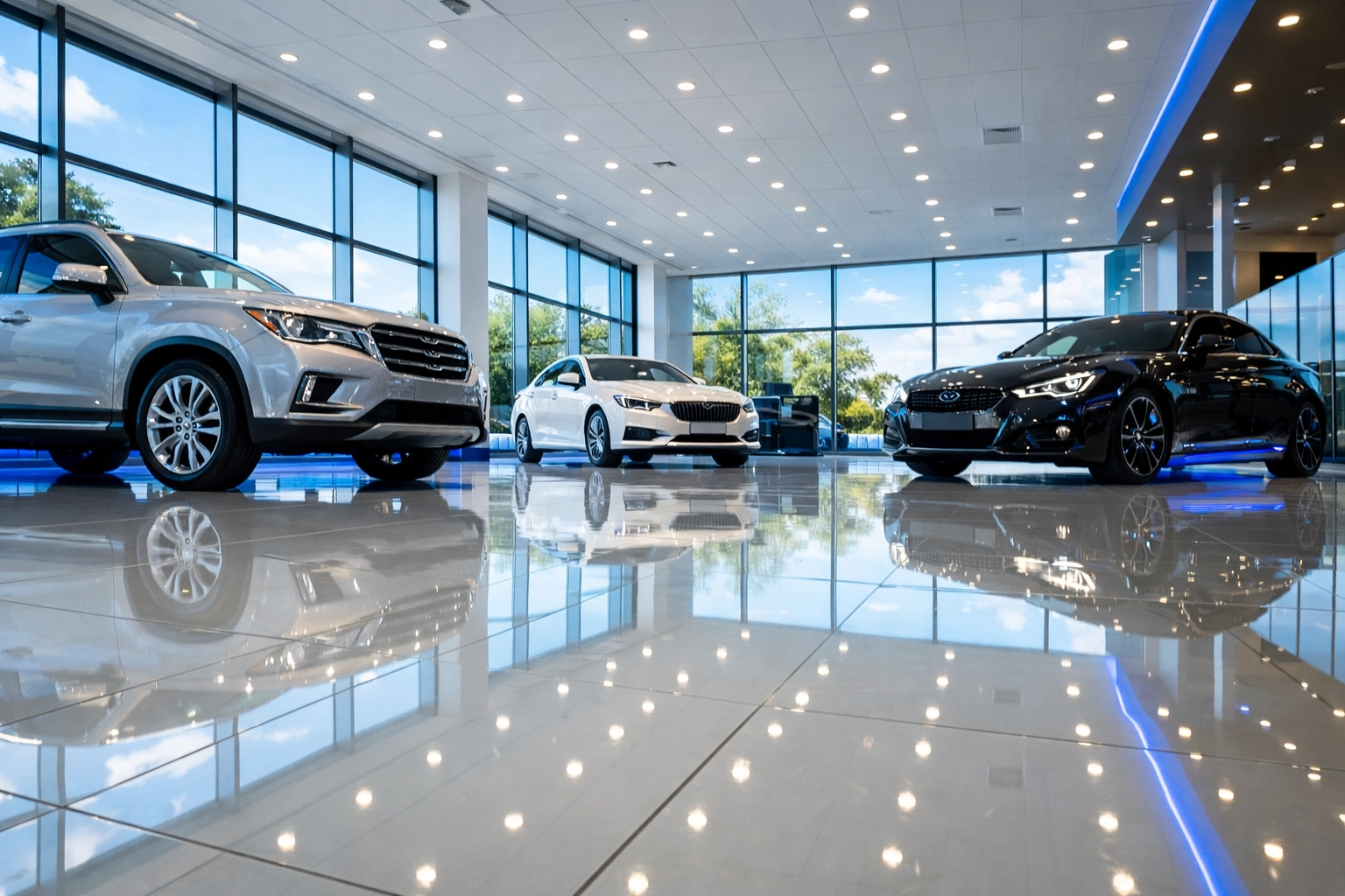 Spotless car dealership showroom with gleaming floors and pristine display vehicles