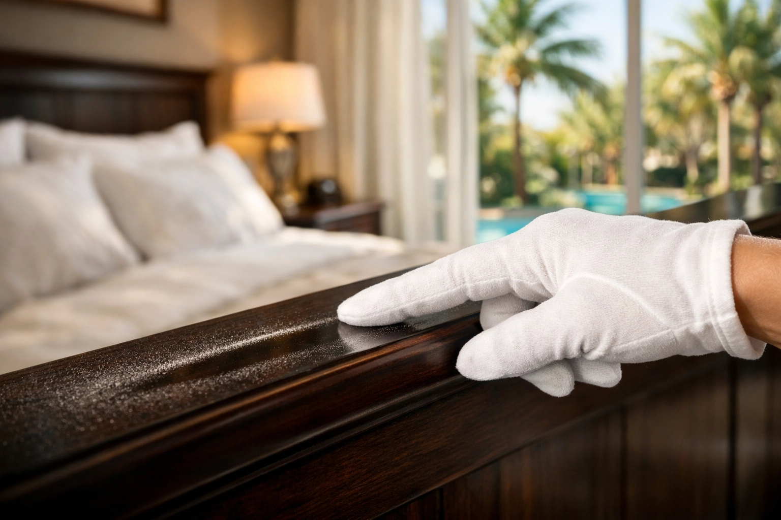 Professional white glove inspection of a Kissimmee vacation rental headboard for superior cleanliness and air quality.