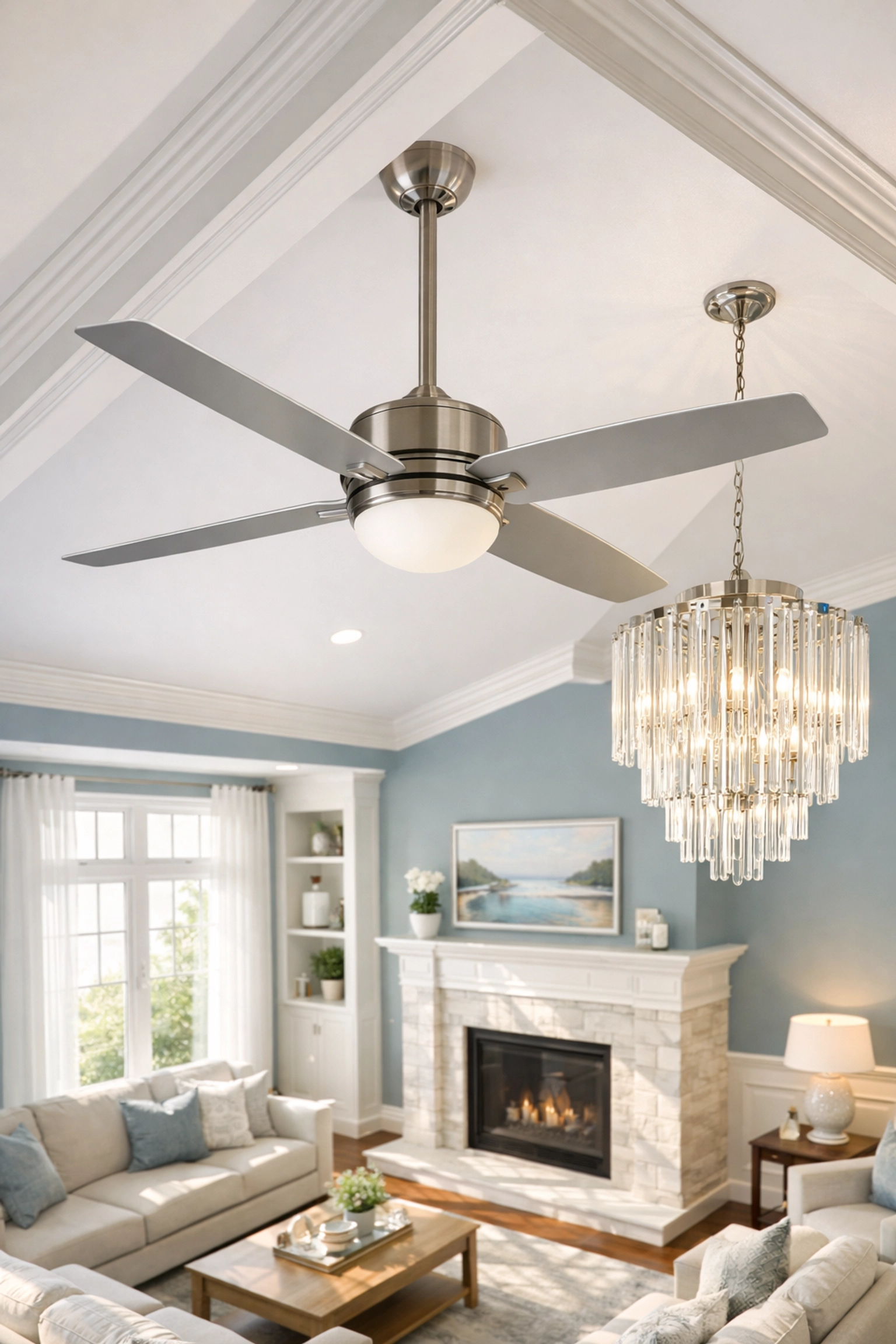 Deep cleaning Milford involves dusting high-reach ceiling fans and designer light fixtures.