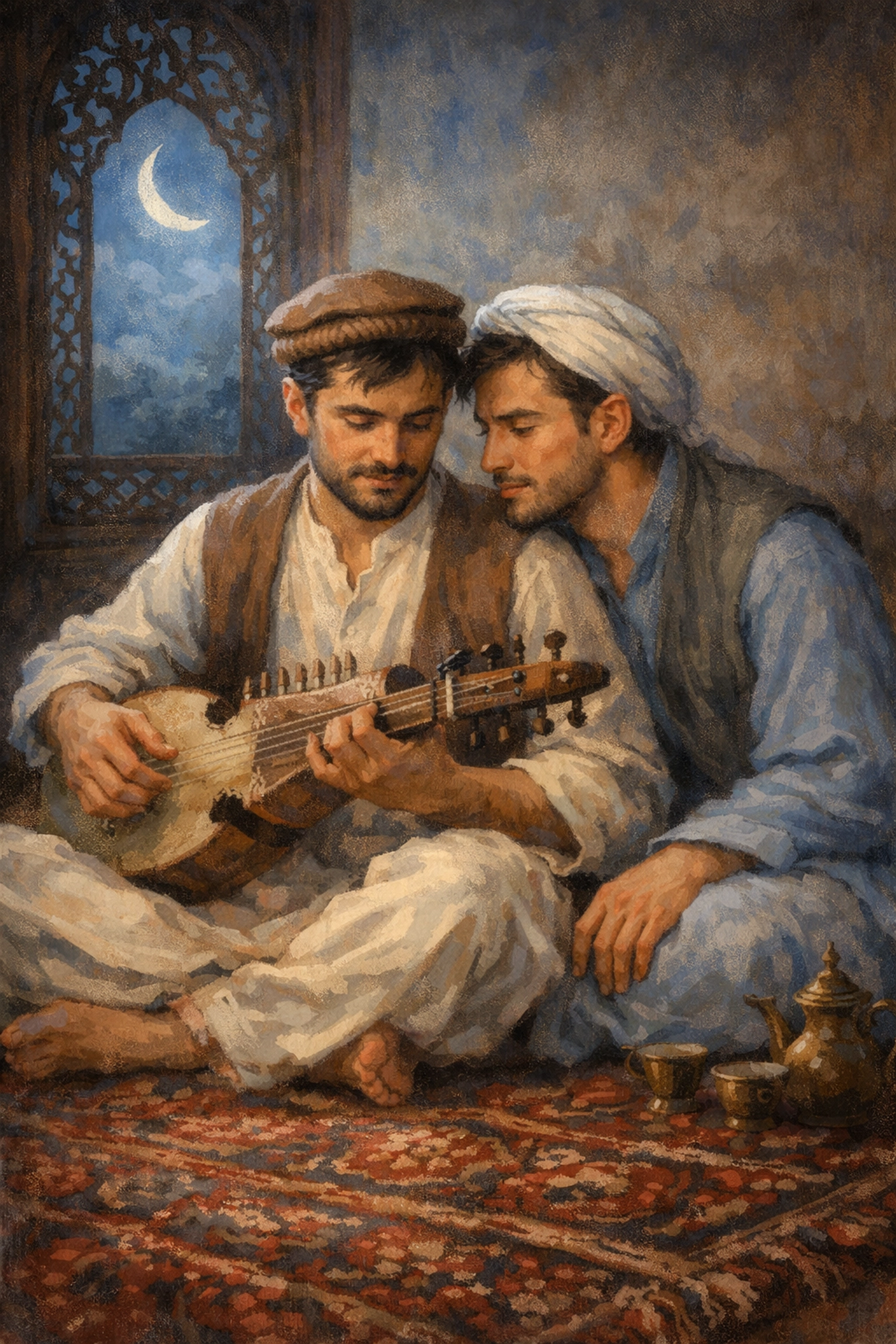 Two men in traditional Afghan dress sharing an intimate moment, perfect for fans of gay romance novels.