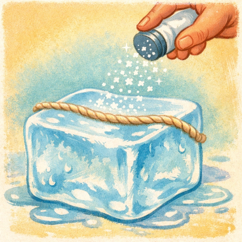 Sprinkling table salt on string and ice cube to demonstrate freezing point depression