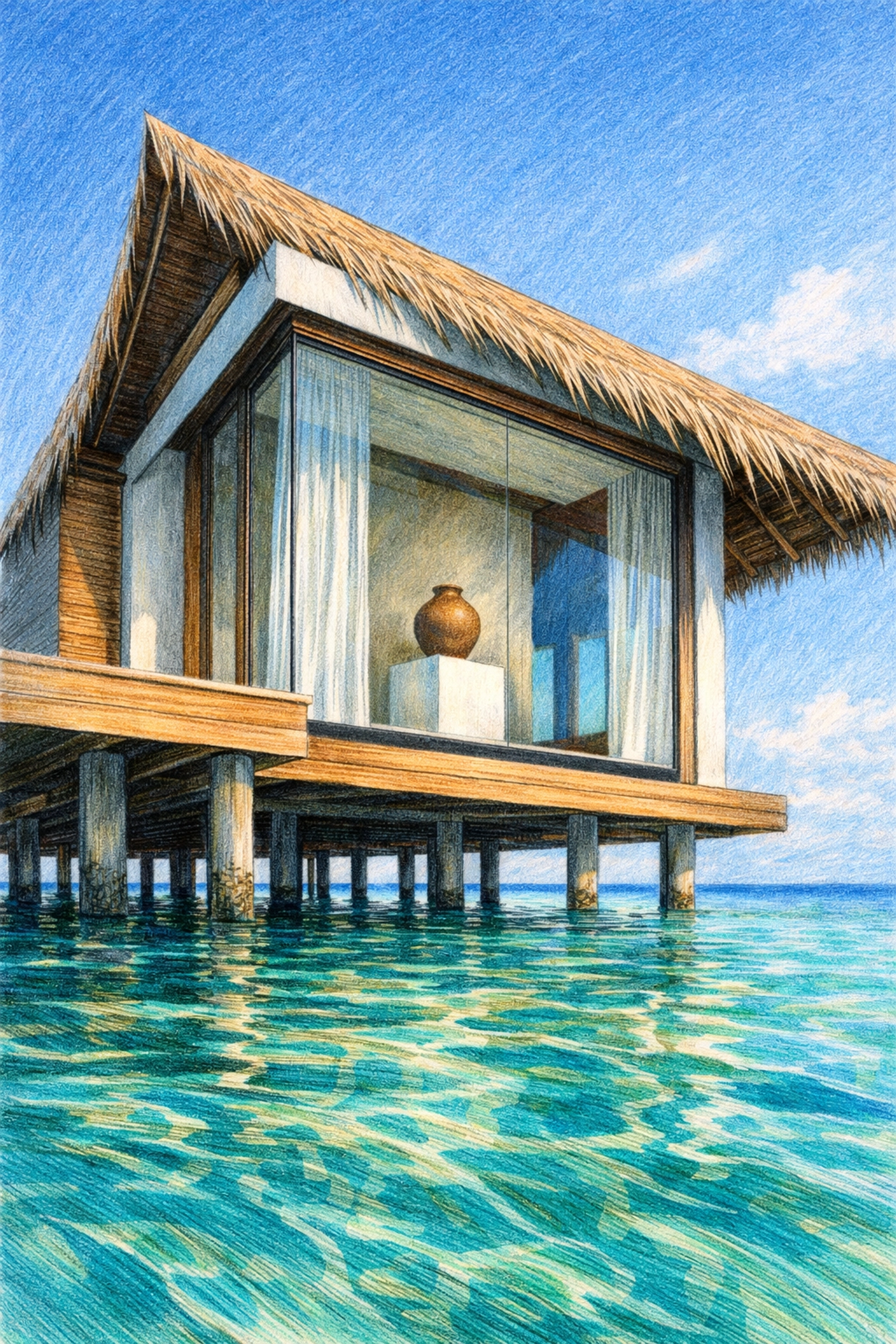 Minimalist overwater villa in the Maldives featuring clean geometric lines and quiet luxury.