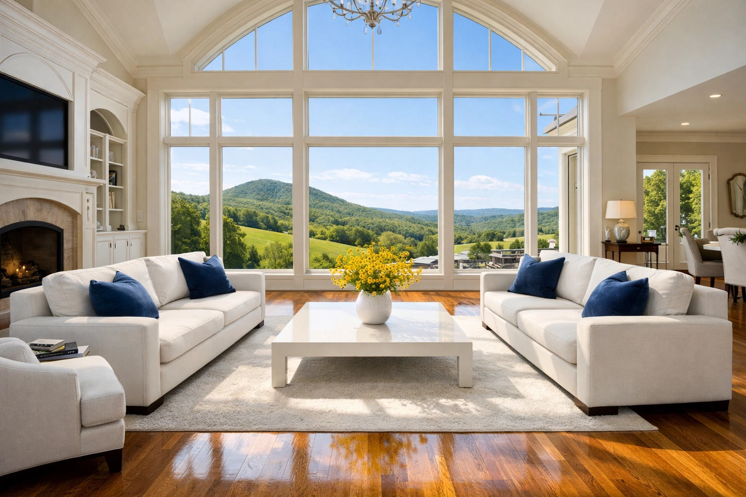 Immaculate Groton home interior with polished hardwood floors and scenic views of Gibbet Hill.