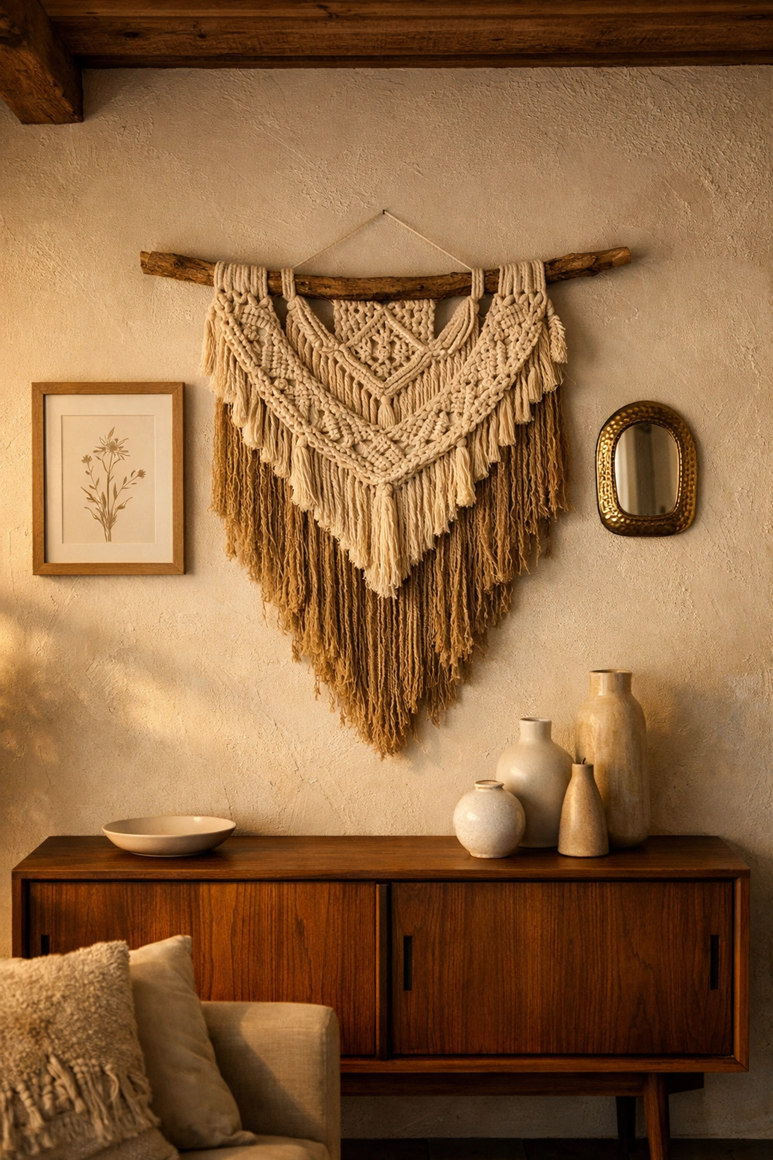 Handmade macramé wall hanging and brass mirror on a curated modern-rustic gallery wall.