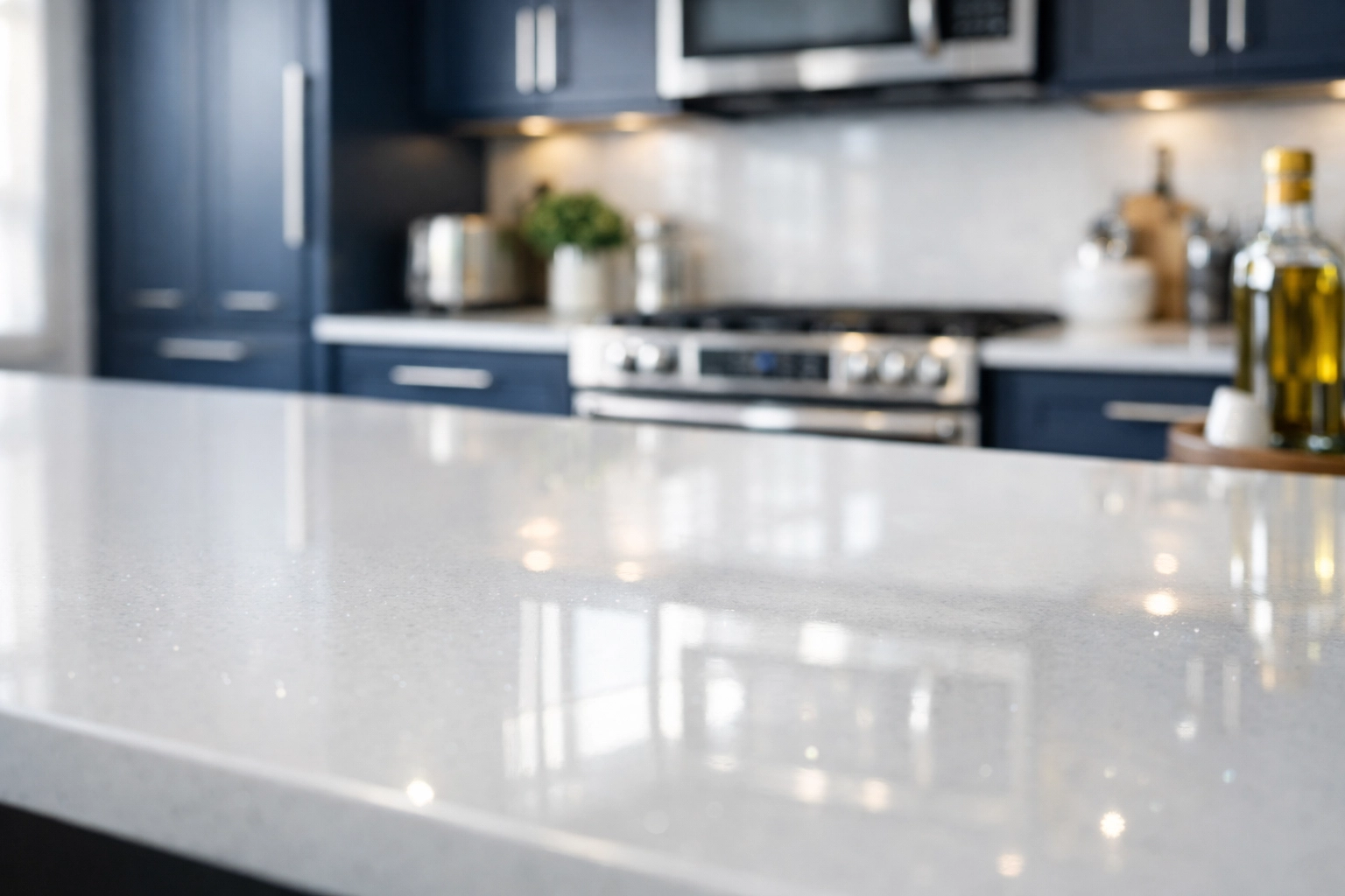 Sparkling quartz kitchen island in a high-end unit after a professional property management deep clean.