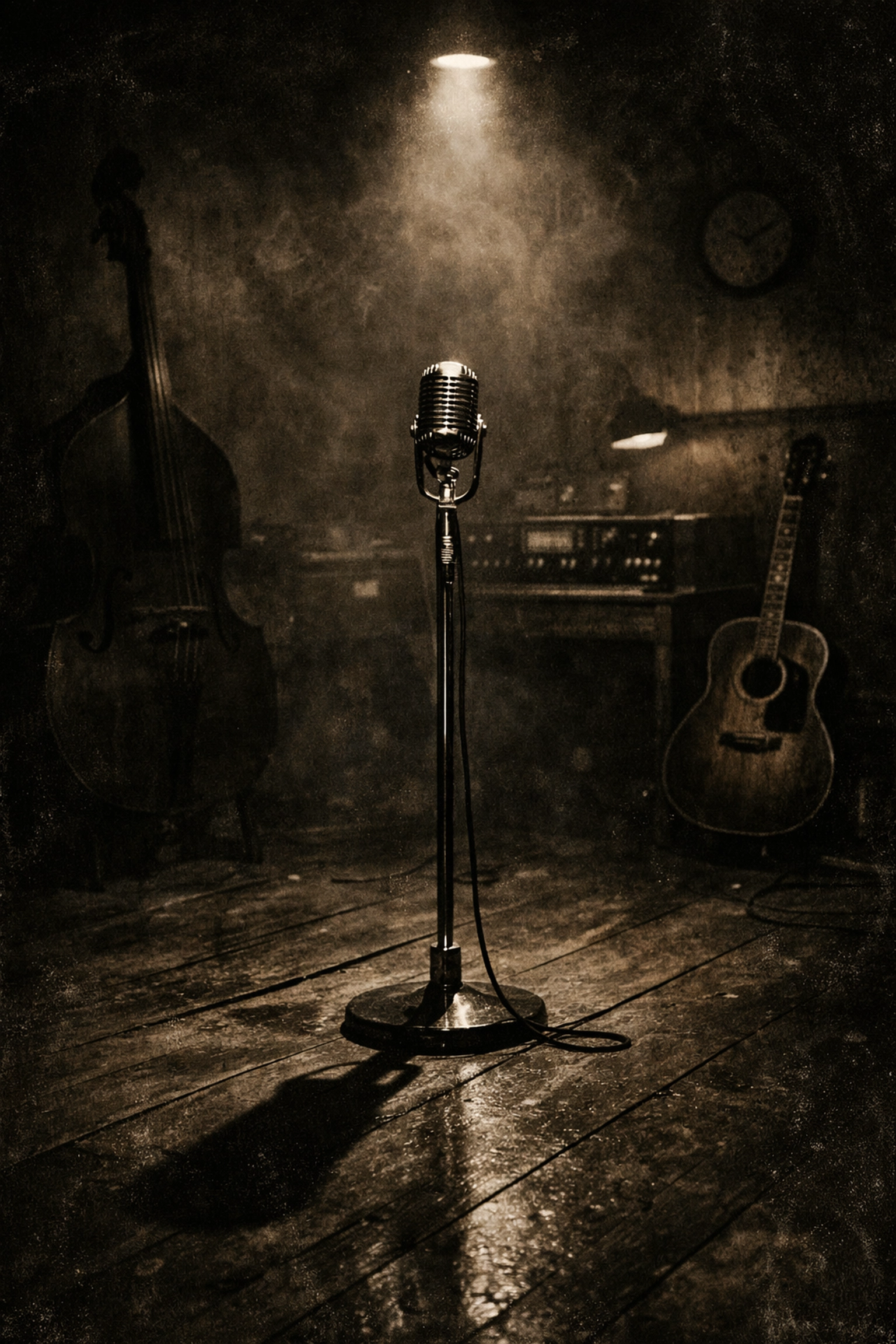 Vintage microphone and instruments in a moody 1950s studio, capturing the grit of the Sun Records sessions.