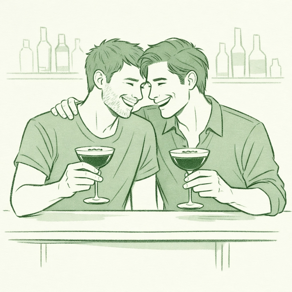 Two men enjoying espresso martinis together at a modern gay bar