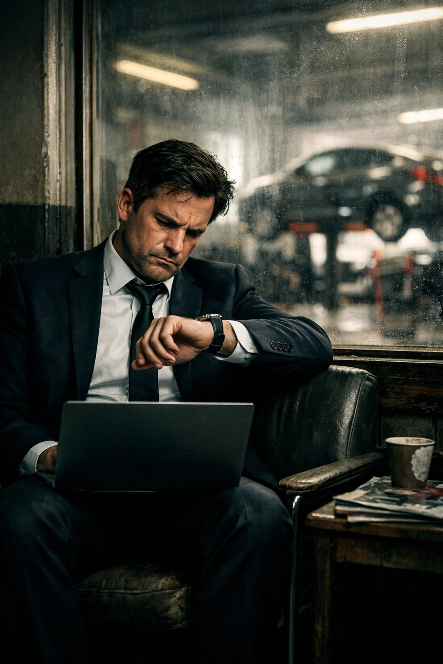 Frustrated professional waiting for Green Bay auto repair in a traditional shop waiting room.