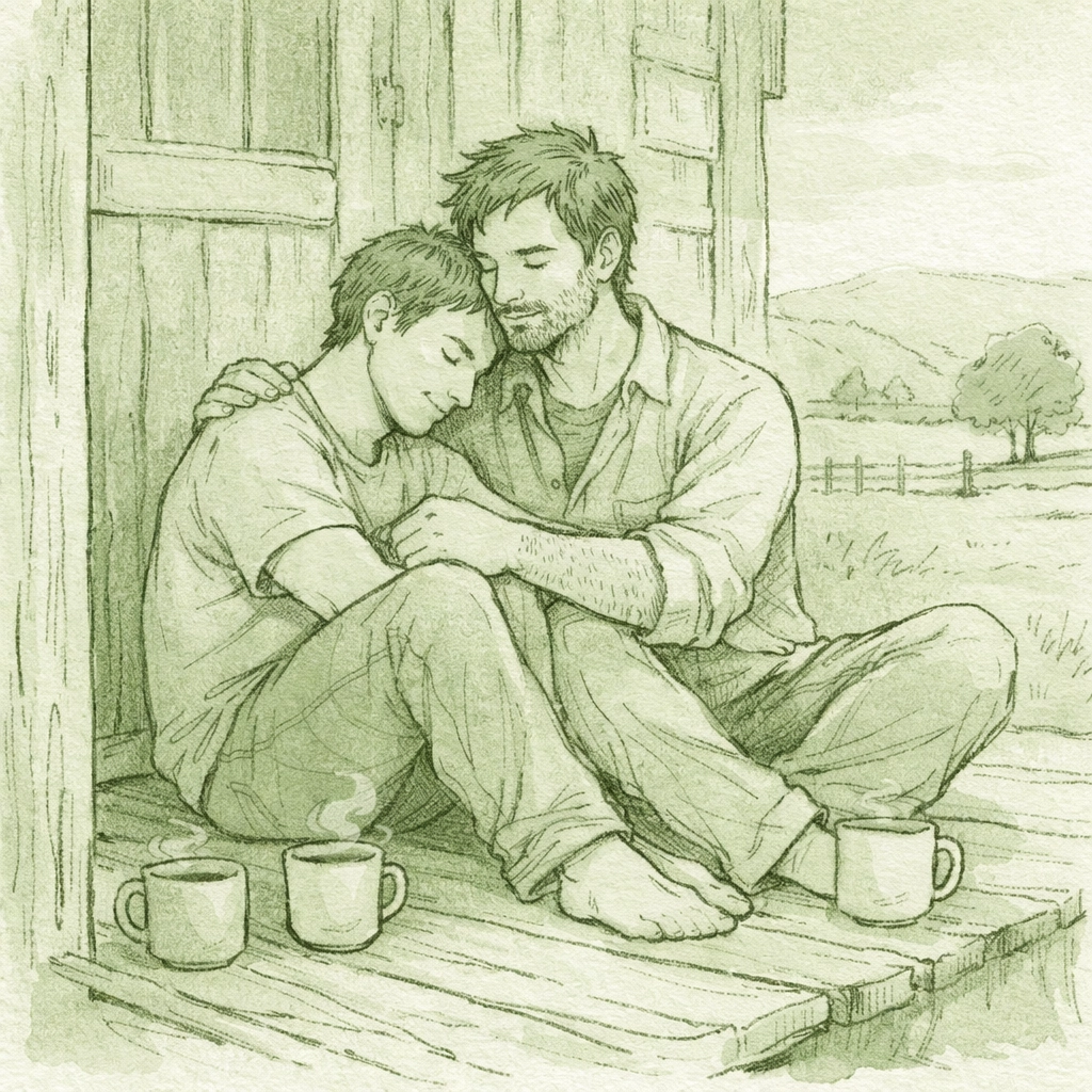 MM romance partners sharing morning on rural cottage porch - intimate gay love story setting