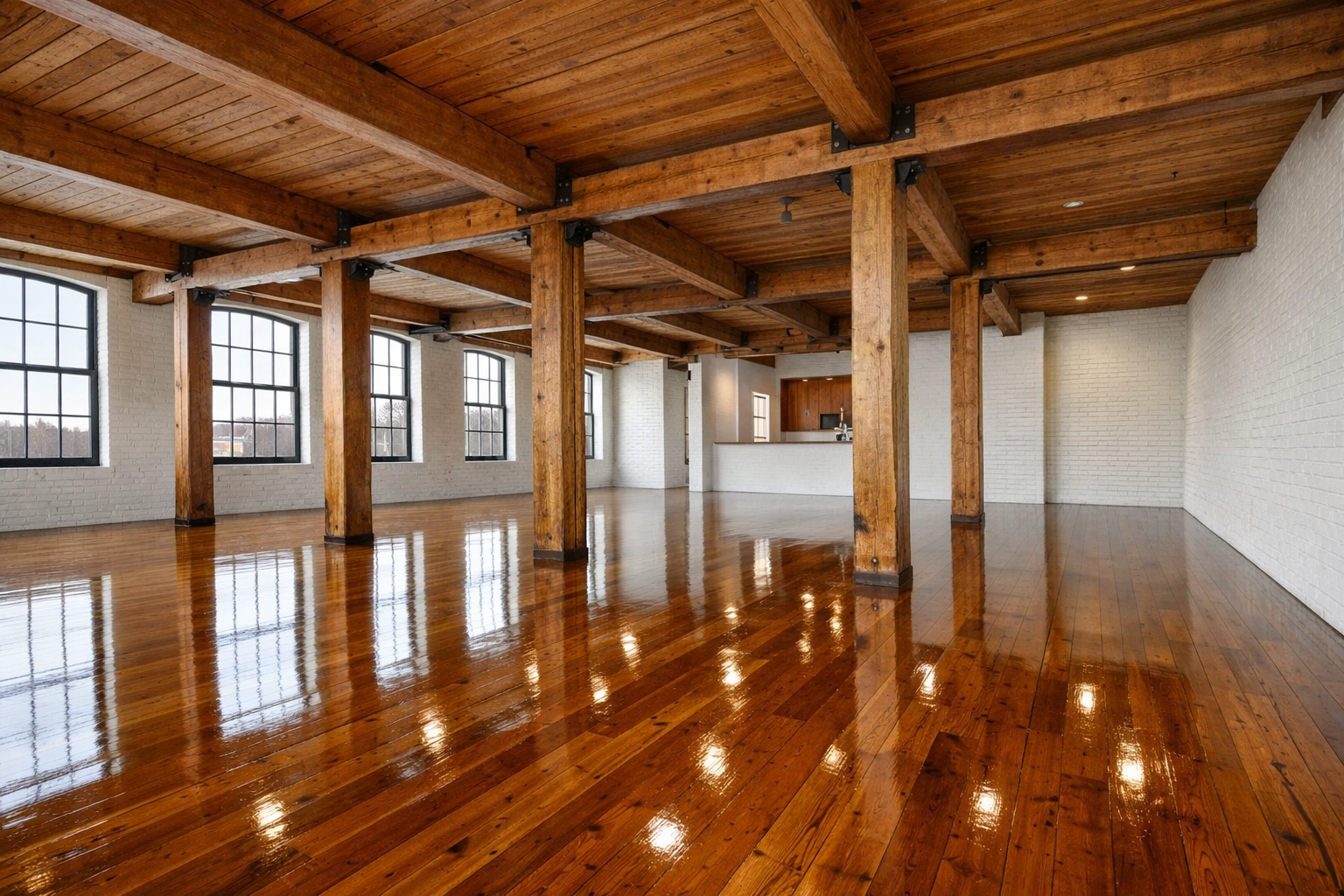 Polished hardwood floors in a vacant apartment after a move-in move-out cleaning Lowell.