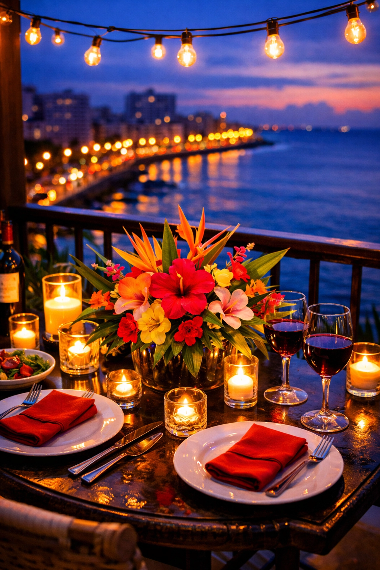 Romantic candlelit dinner setup on private Puerto Vallarta condo balcony at twilight
