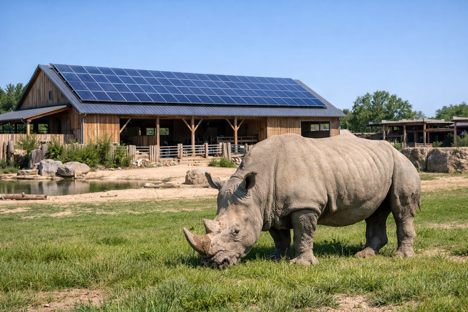 White rhino grazing near a solar-powered barn, showcasing sustainable zoo infrastructure.