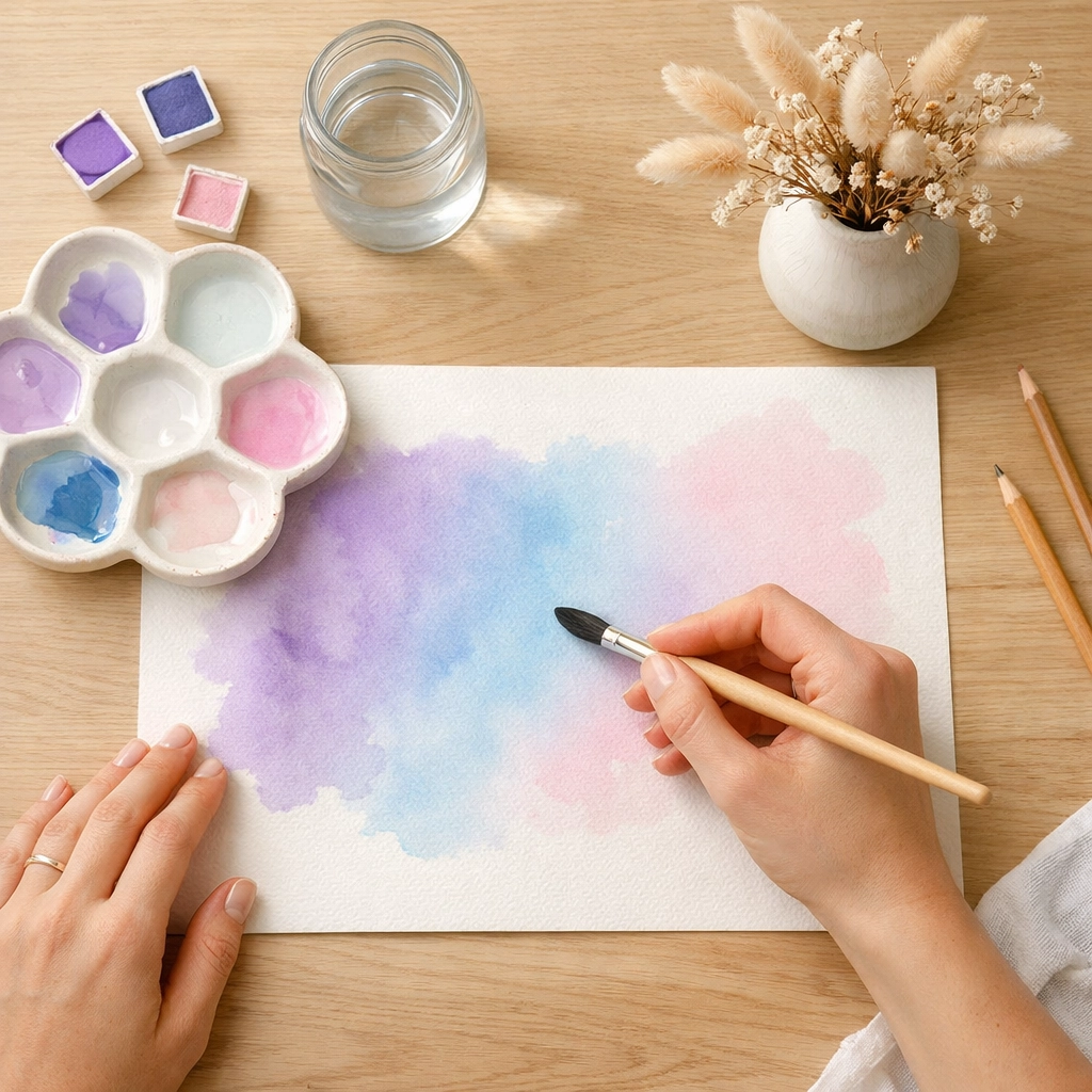 Hands using watercolor art for healing and creative expression at Talk to Heal Counseling Center.