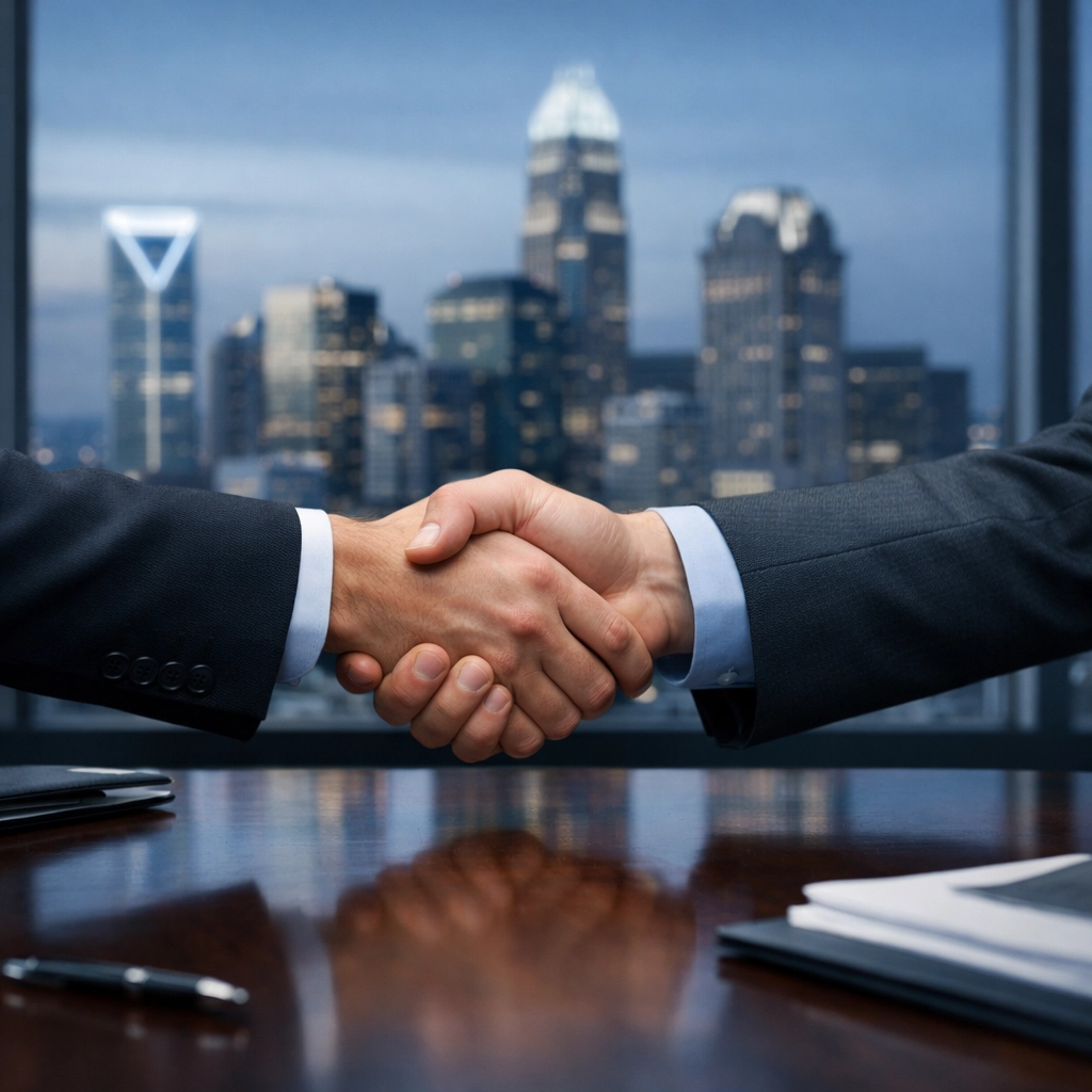 Professional business brokers shaking hands in Charlotte, NC to finalize a successful business sale.