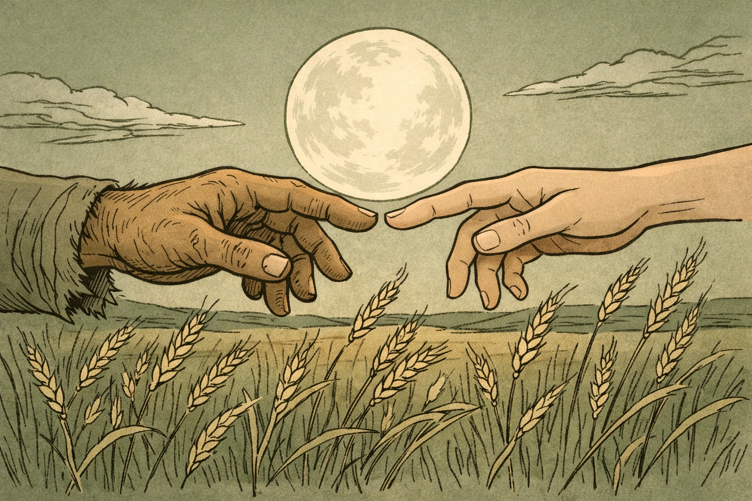 Two men's hands reaching across wheat stalks under moonlight age gap gay romance