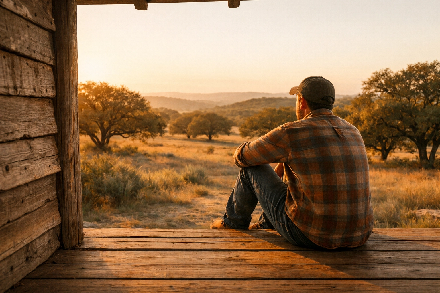 Person on rustic cabin porch overlooking Texas Hill Country rehab setting at sunset