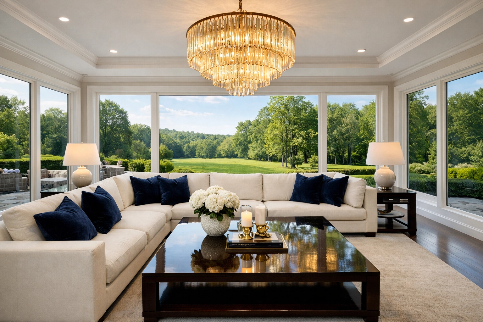 A pristine and spotless luxury living room following a professional Easton Home Cleaning service.