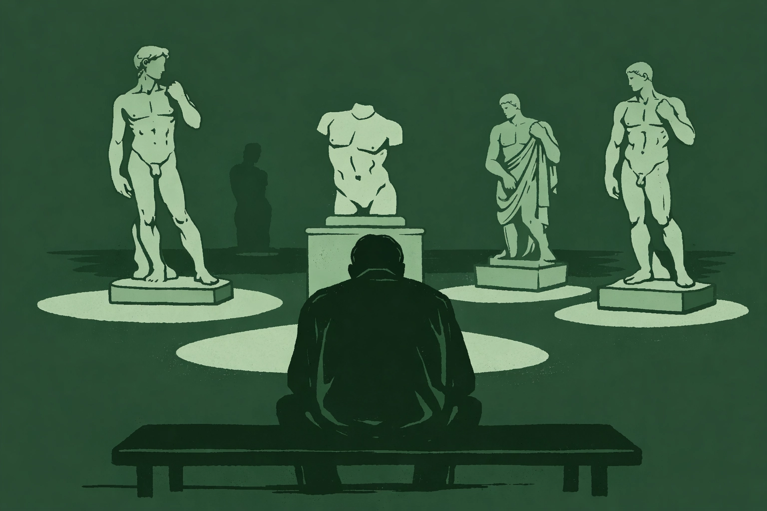Man sitting alone in dark museum surrounded by spotlit Greek male statues at night