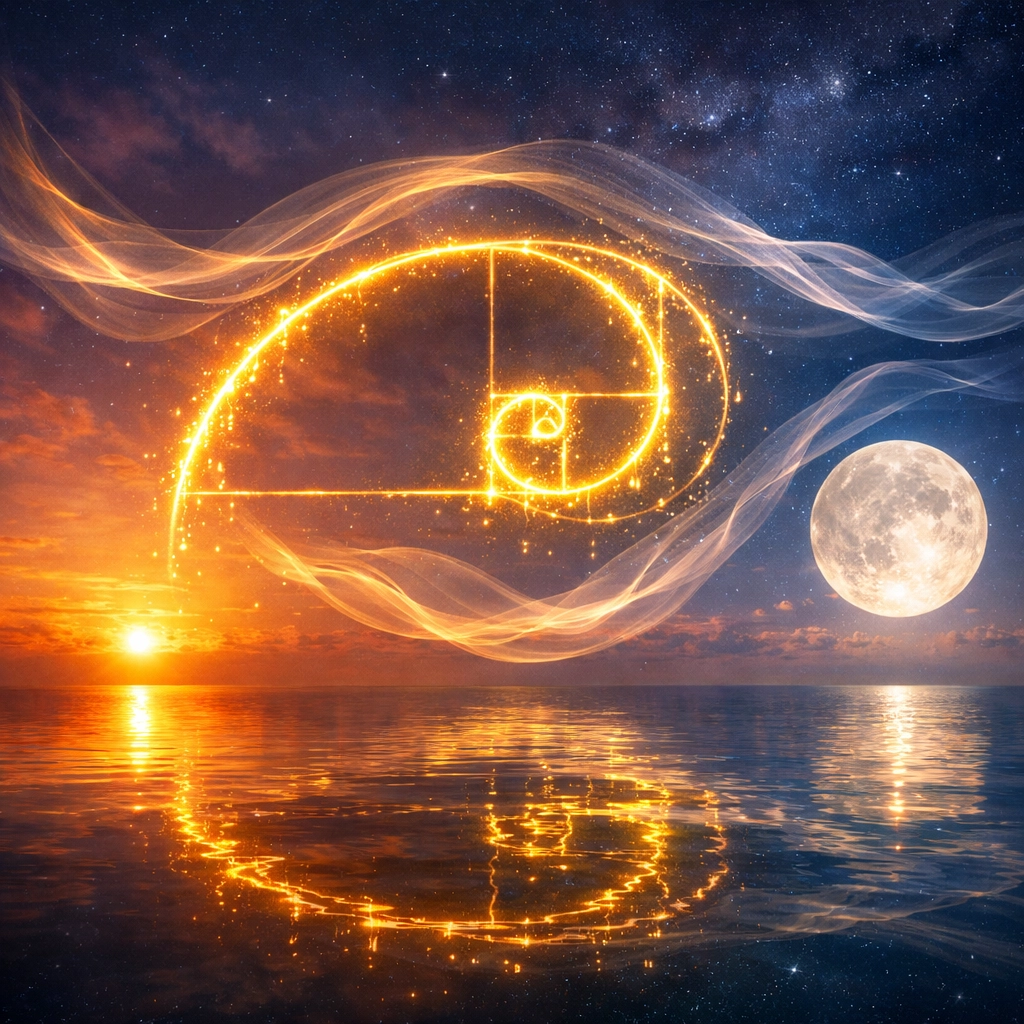A golden Fibonacci spiral over water symbolizing biological rhythms and the path to flow states.