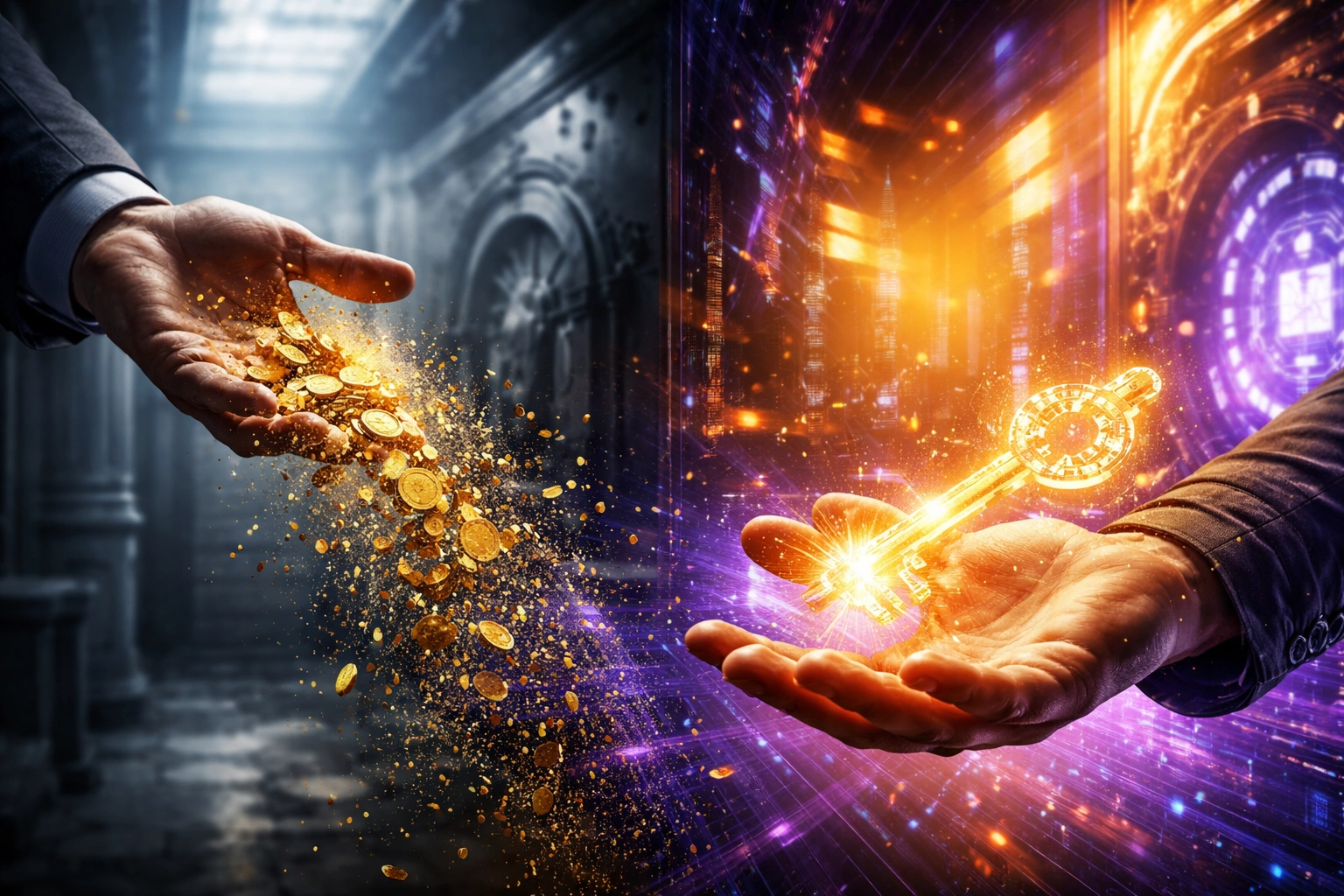 Visual metaphor comparing outdated banking to modern self-custody crypto payments, featuring golden coins and a secure vault key