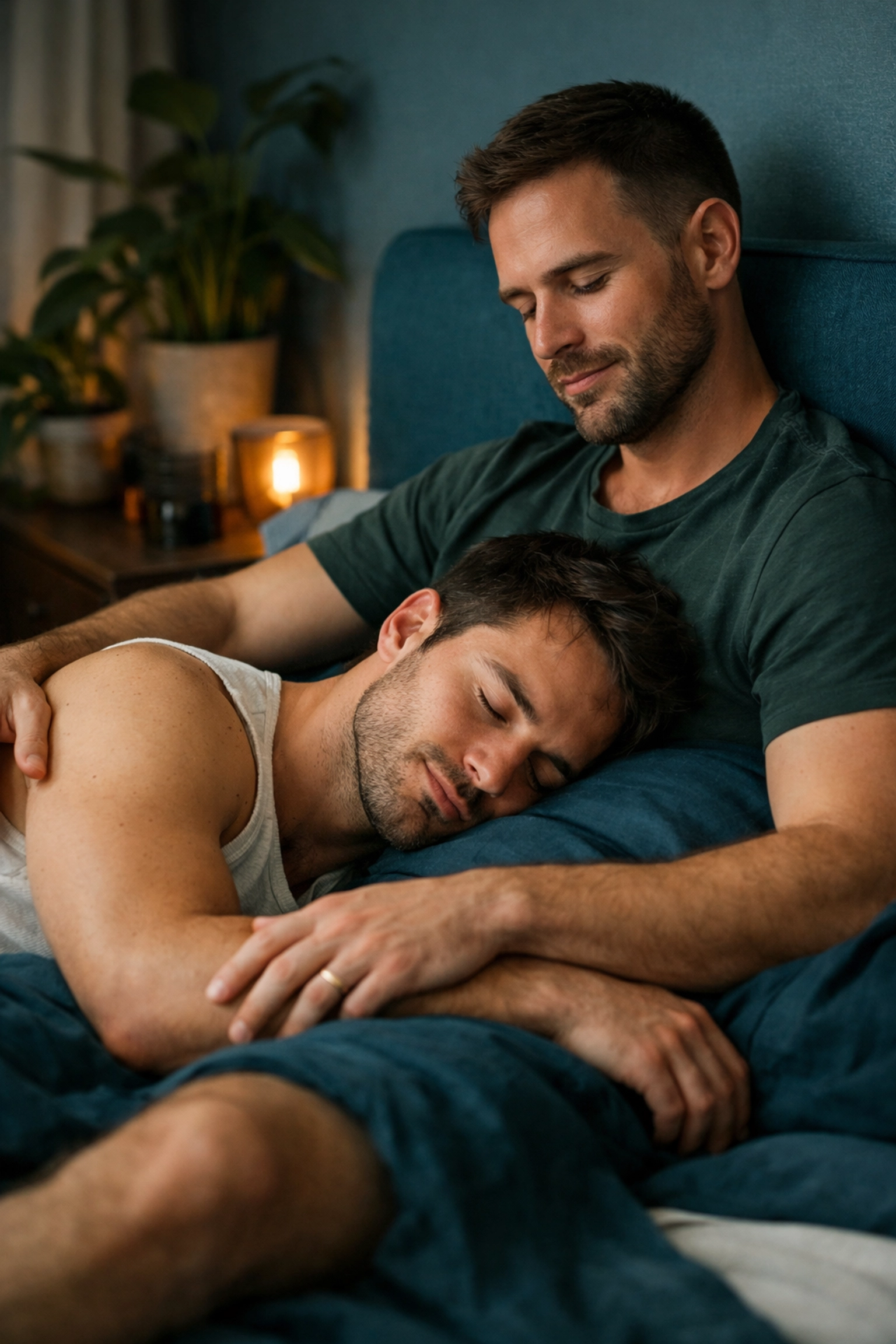 Intimate moment of a gay couple resting together, capturing the soft lines of the male body in a shared repose.