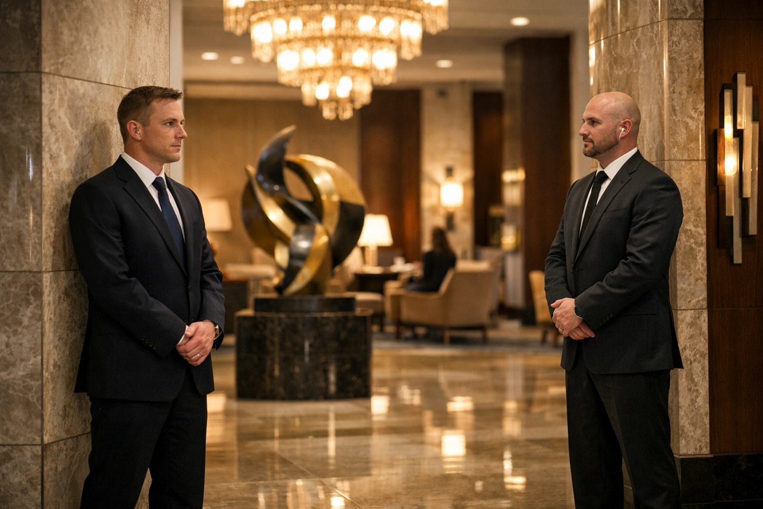 Professional VIP security team providing discreet executive protection at luxury hotel