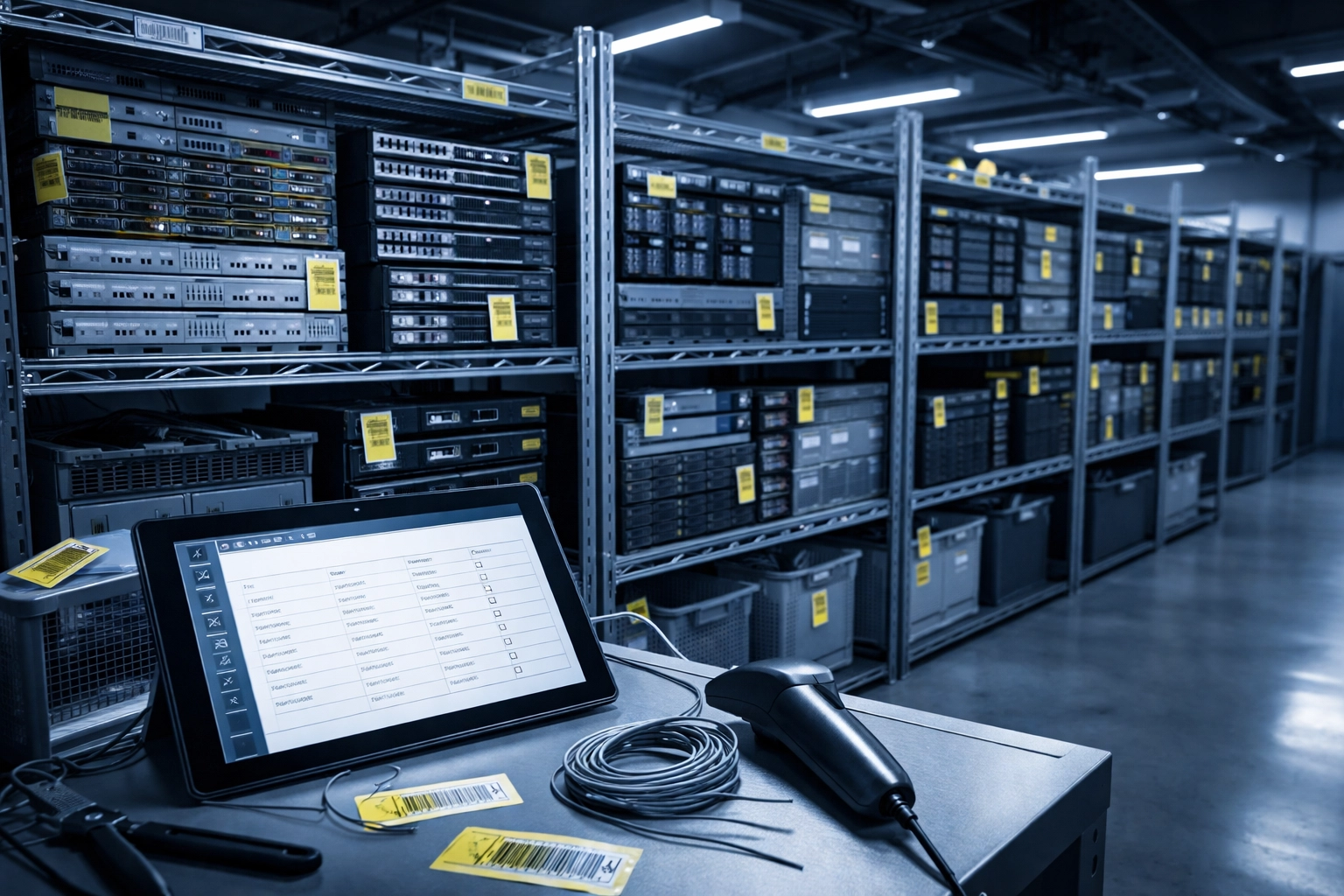 Organized data center servers with tracking labels for proper IT asset inventory documentation