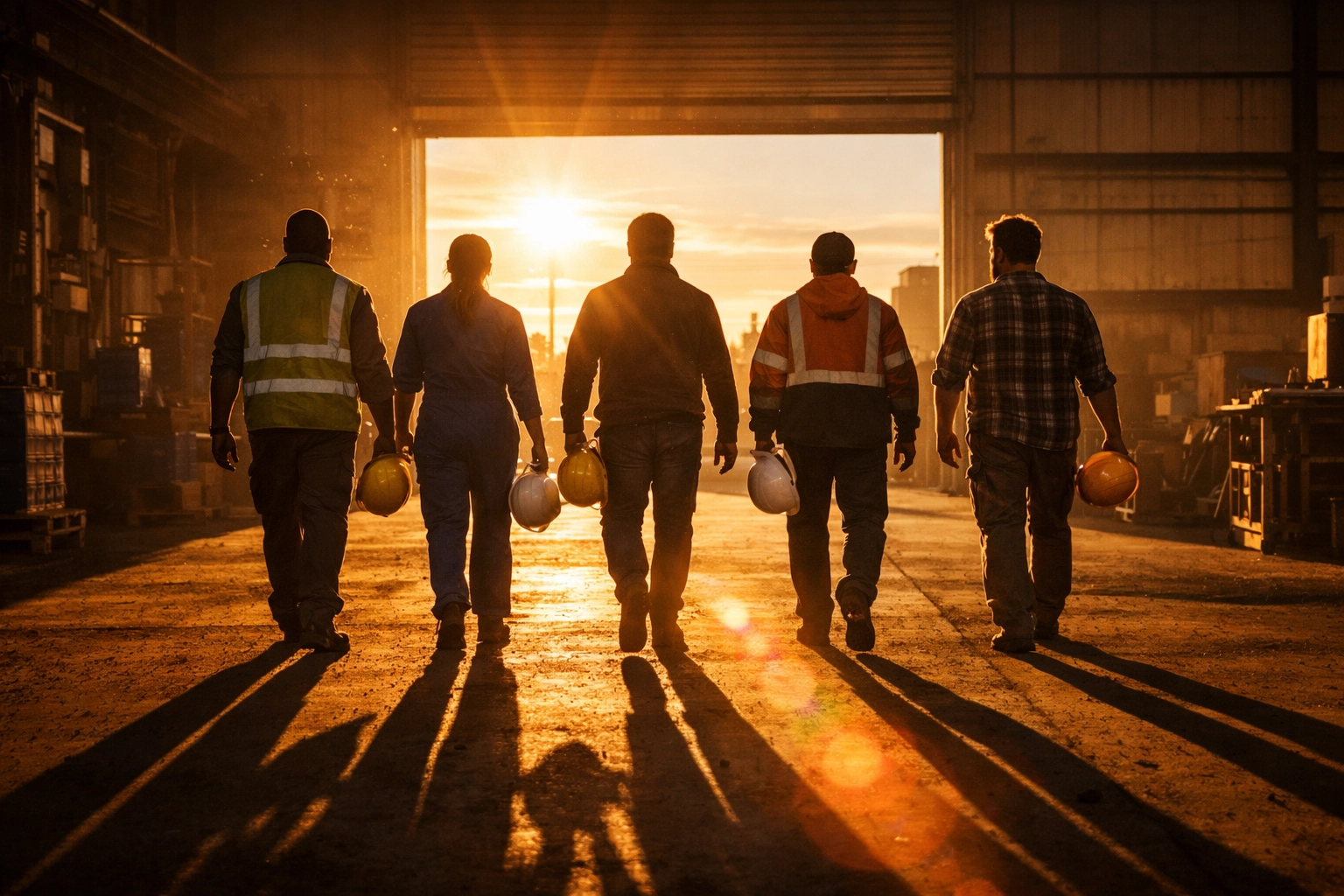 Industrial workers safely ending their shift together, walking toward warehouse exit