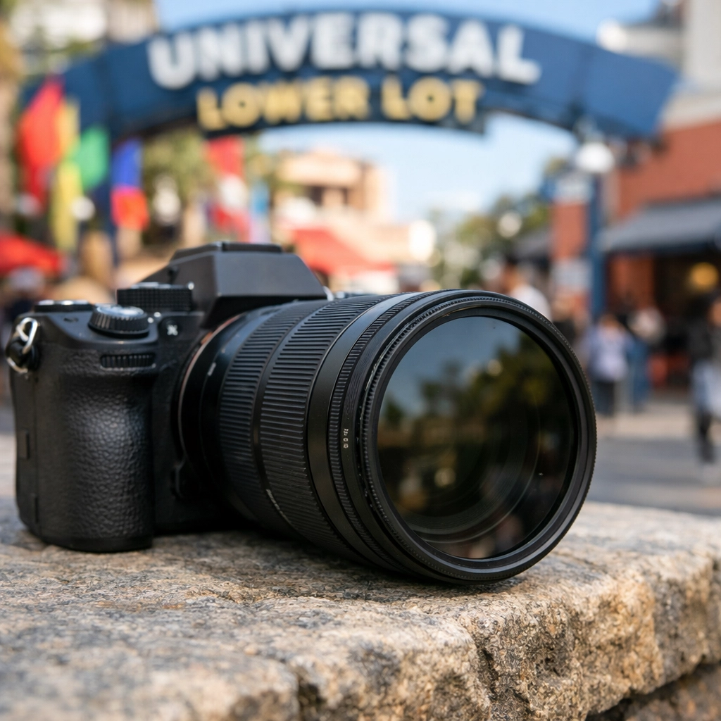 Mirrorless camera and lens prepared for a day of shooting at Universal Studios Hollywood photo spots.